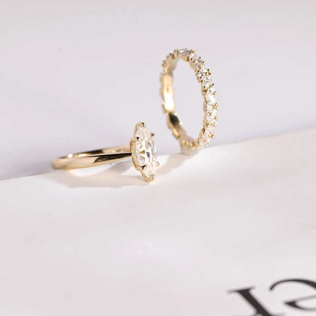 Solid Gold Marquise Cut Moissanite Wedding Band Set