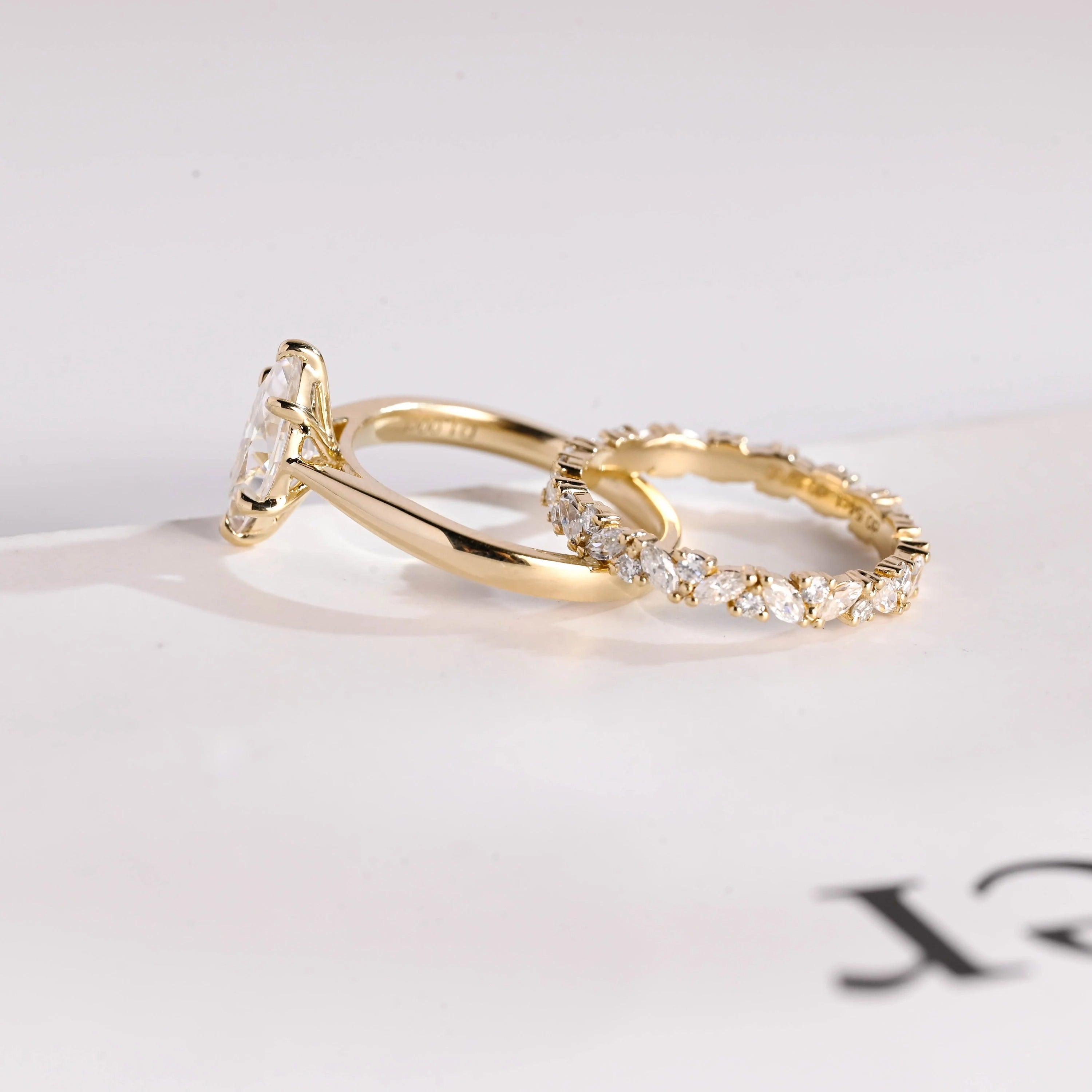 Solid Gold Marquise Cut Moissanite Wedding Band Set
