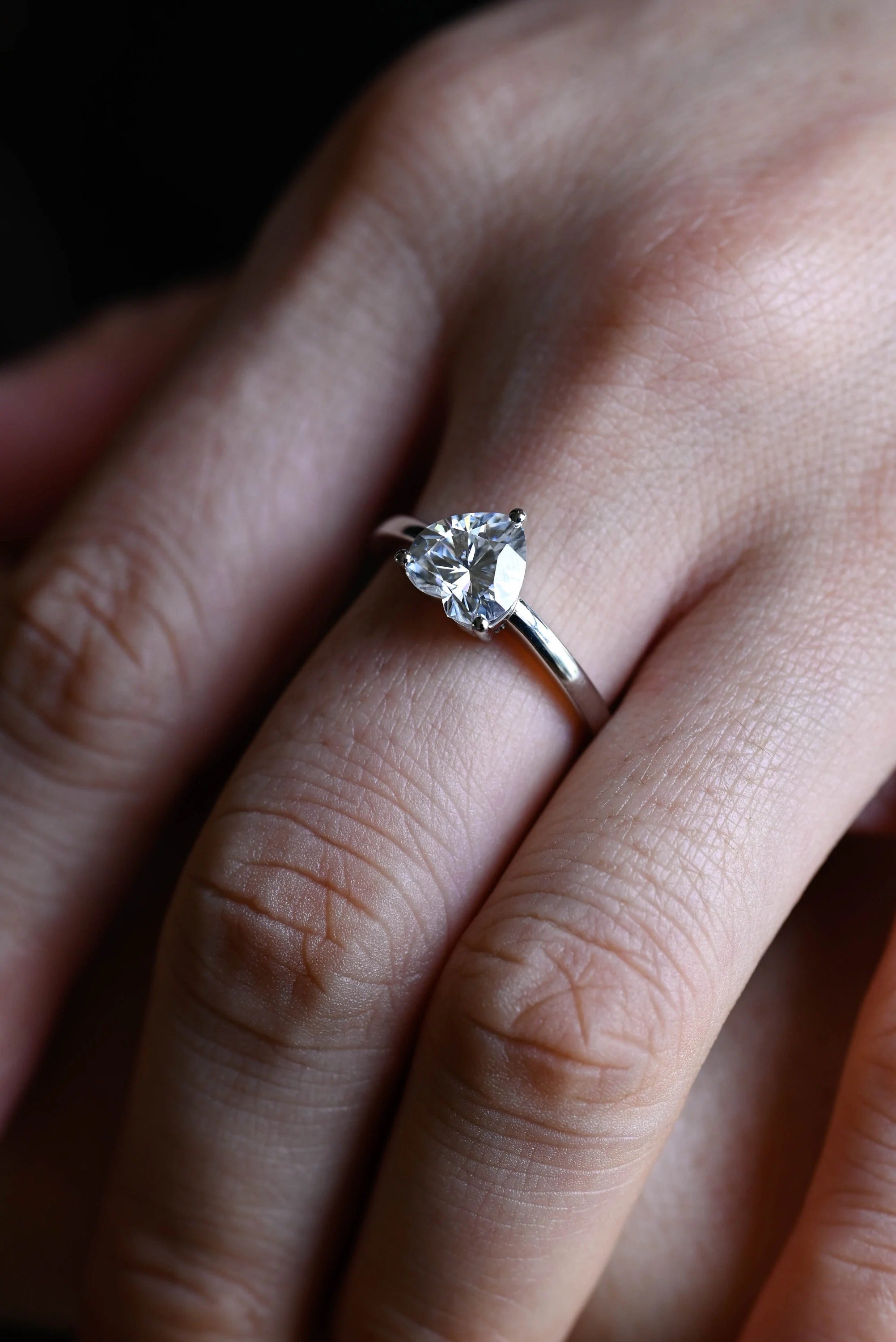 Solid Gold Heart Moissanite Engagement Ring, Anniversary Gift