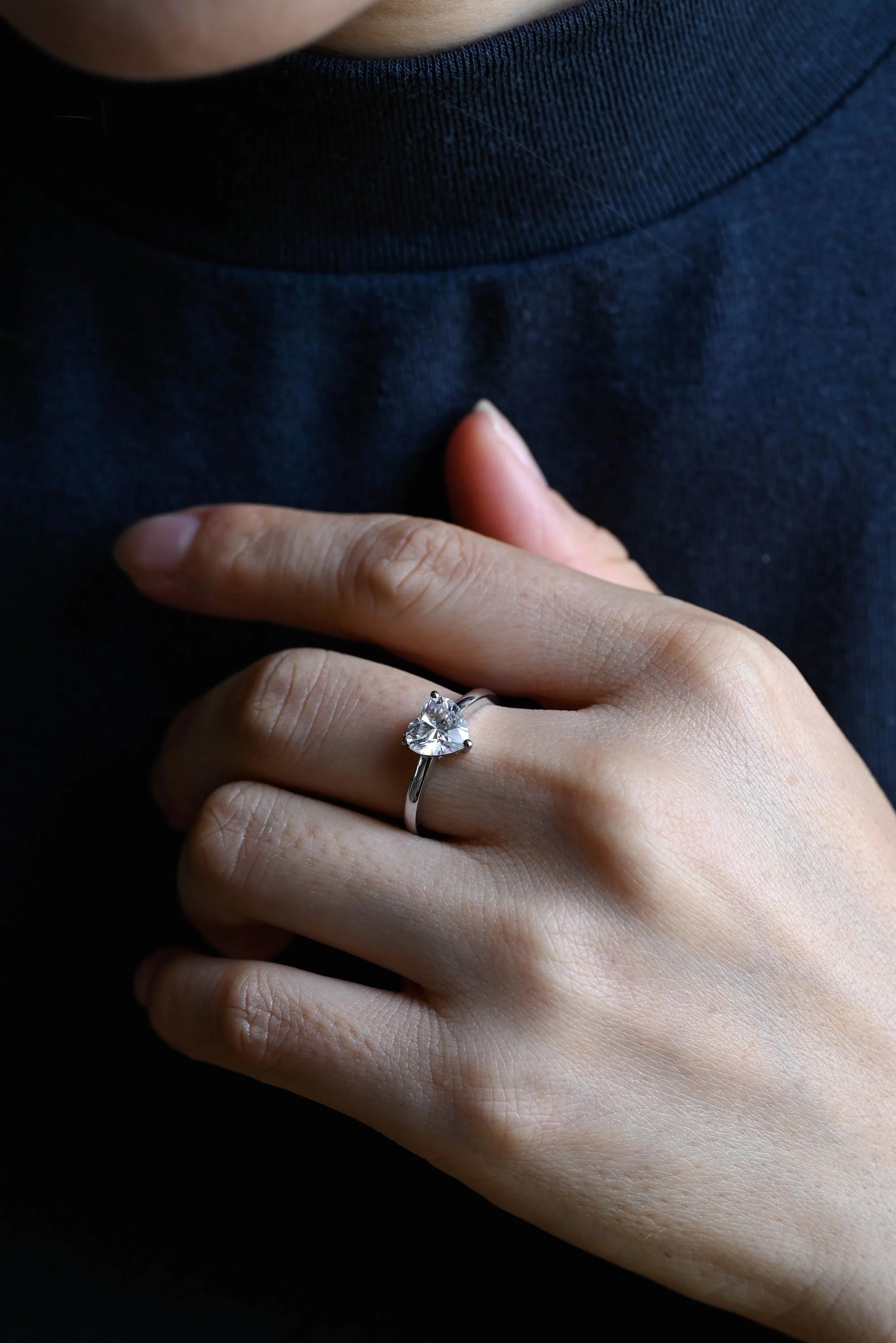Solid Gold Heart Moissanite Engagement Ring, Anniversary Gift