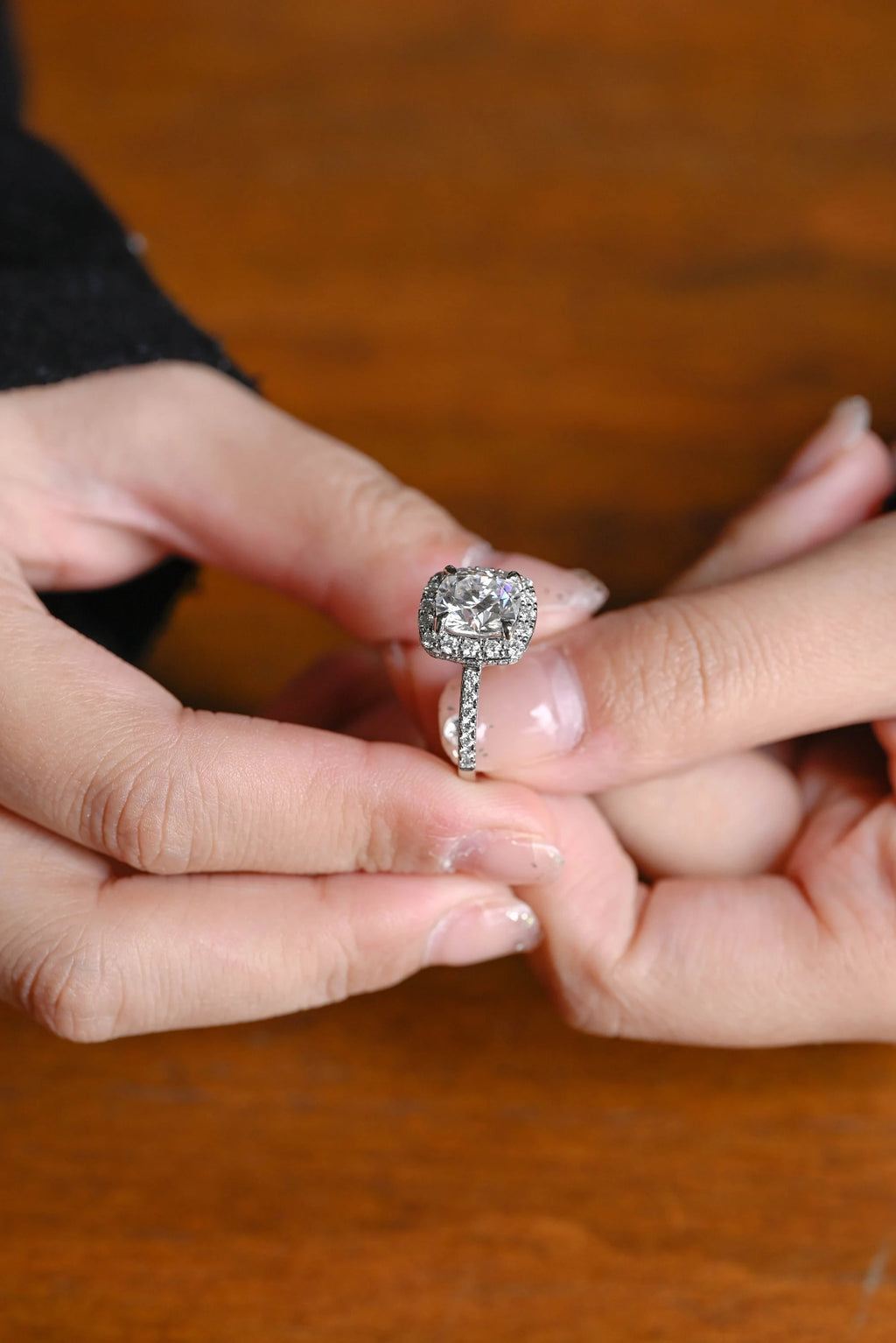 Solid Gold Cushion Cut Moissanite Engagement Ring, Pave Promise Ring
