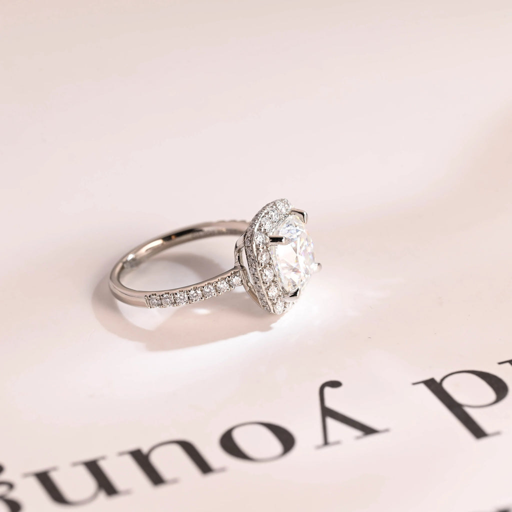 Solid Gold Cushion Cut Moissanite Engagement Ring, Pave Promise Ring