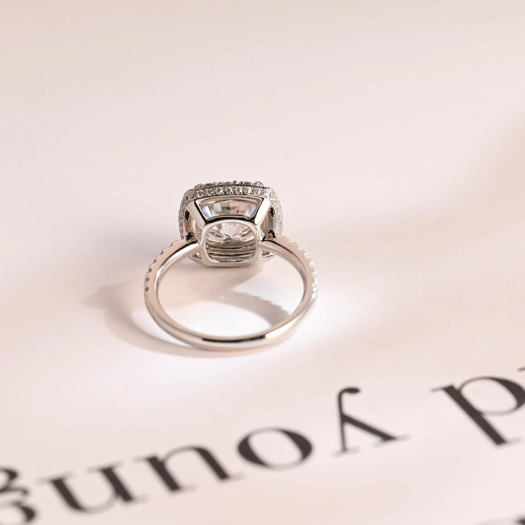 Solid Gold Cushion Cut Moissanite Engagement Ring, Pave Promise Ring