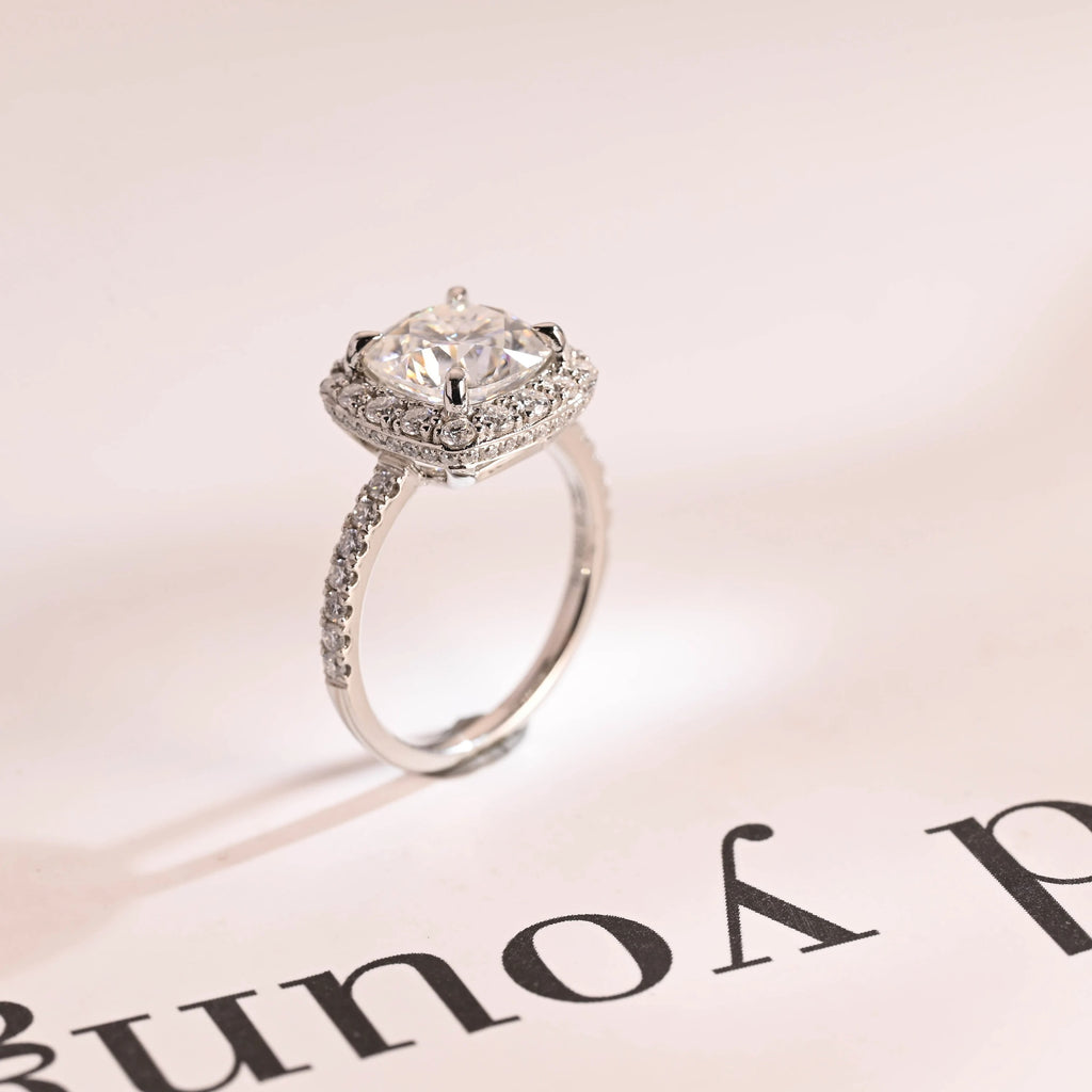 Solid Gold Cushion Cut Moissanite Engagement Ring, Pave Promise Ring