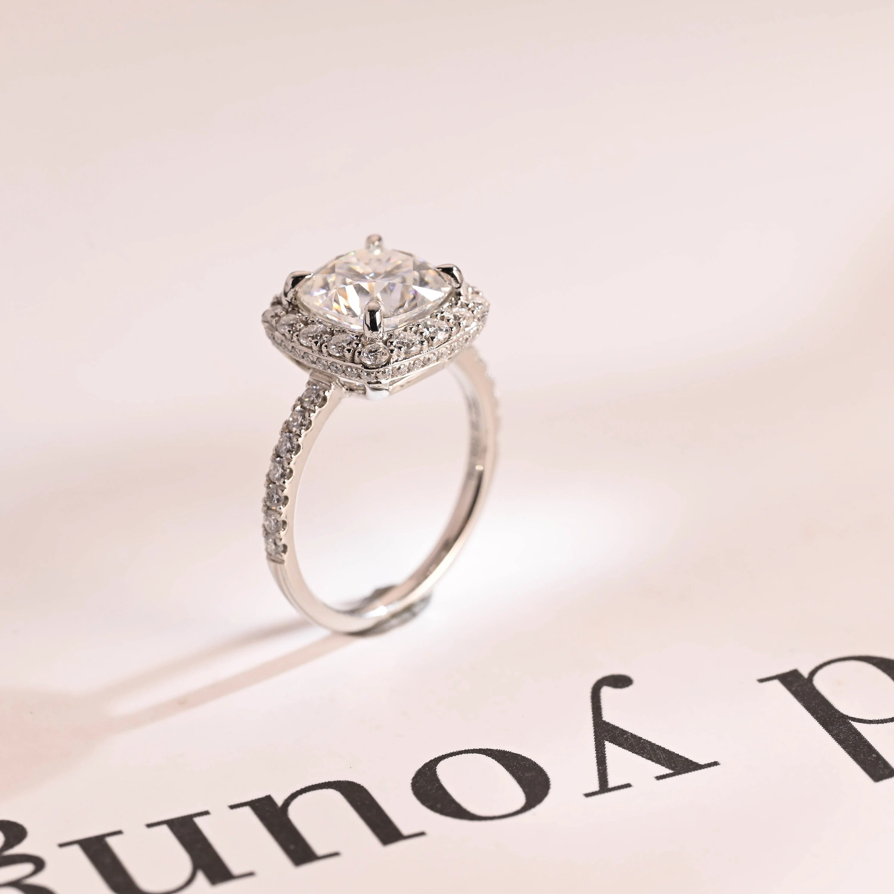 Solid Gold Cushion Cut Moissanite Engagement Ring, Pave Promise Ring