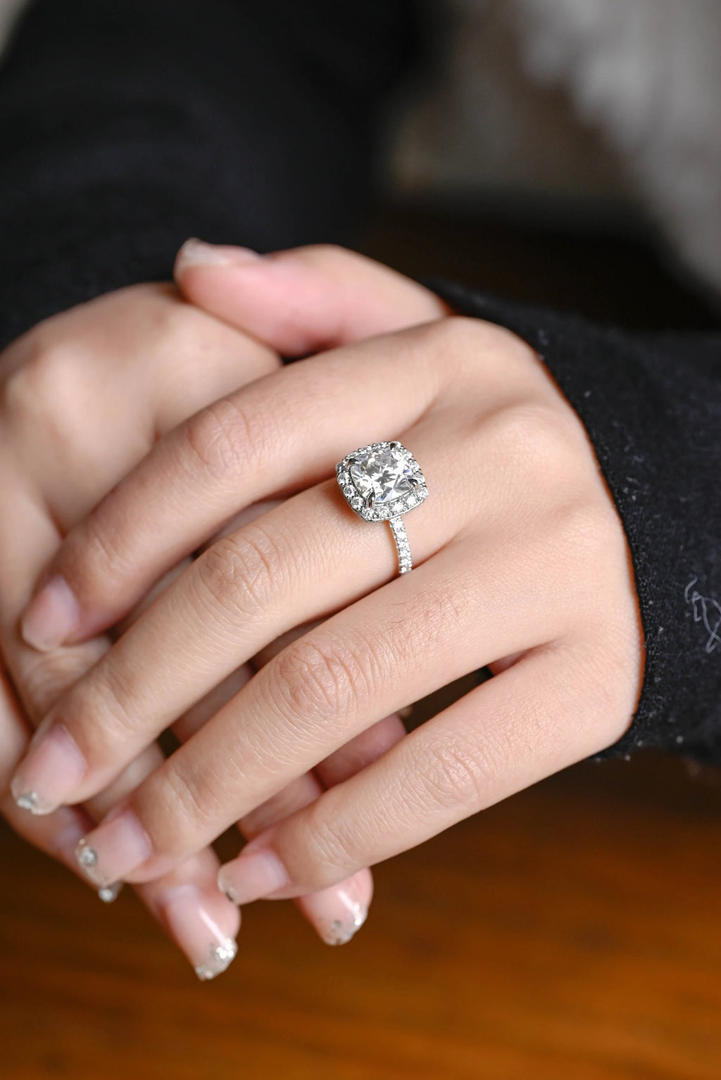 Solid Gold Cushion Cut Moissanite Engagement Ring, Pave Promise Ring