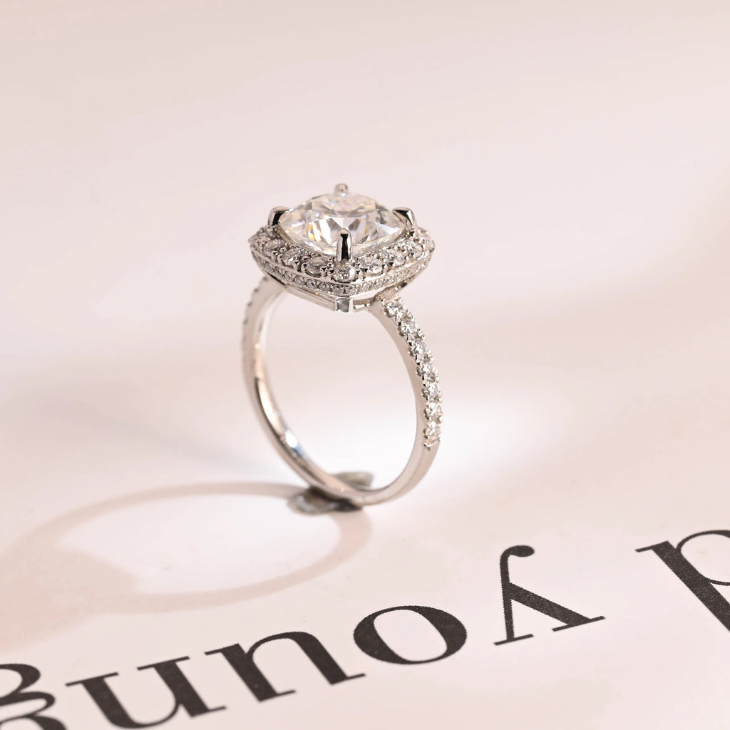 Solid Gold Cushion Cut Moissanite Engagement Ring, Pave Promise Ring