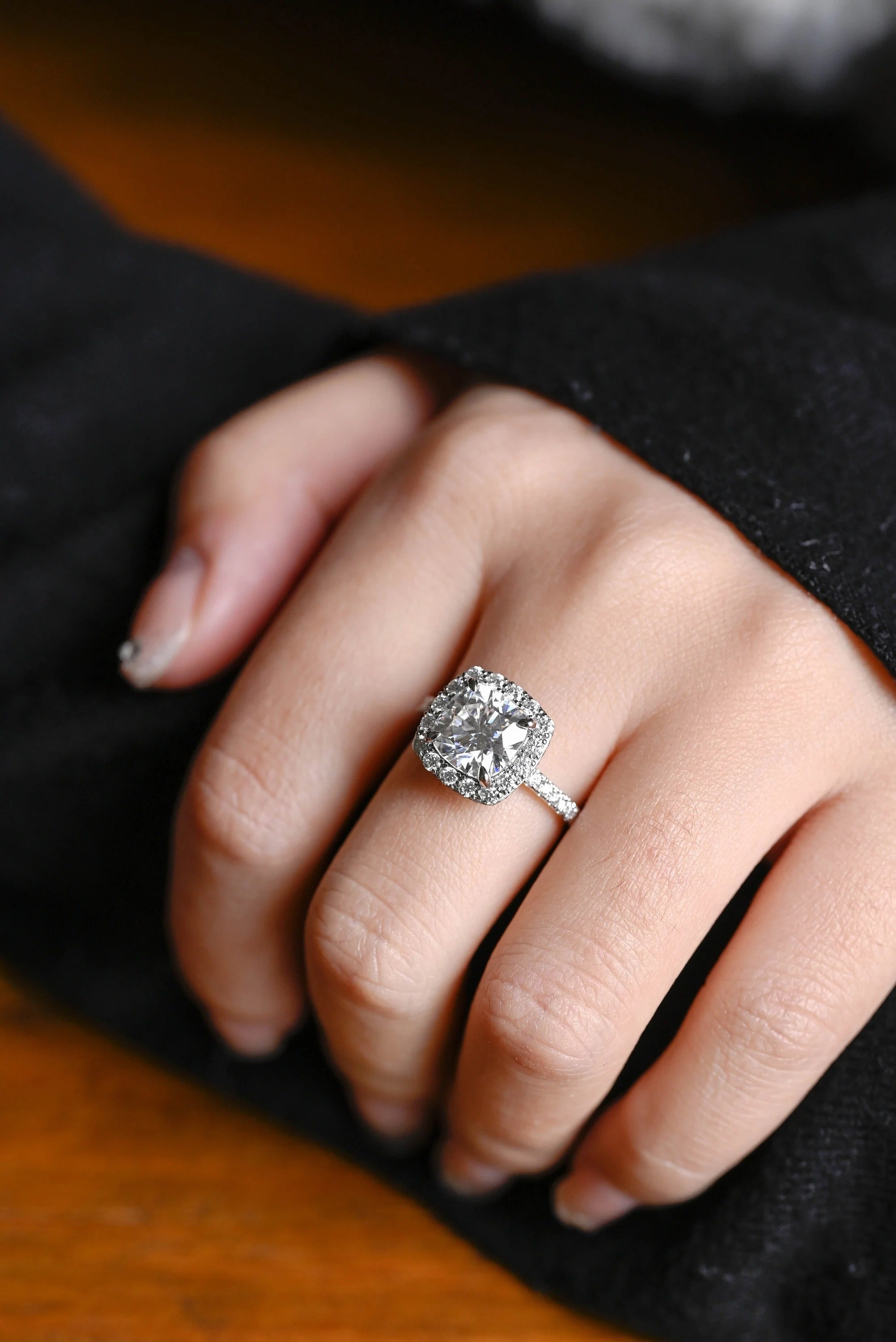 Solid Gold Cushion Cut Moissanite Engagement Ring, Pave Promise Ring