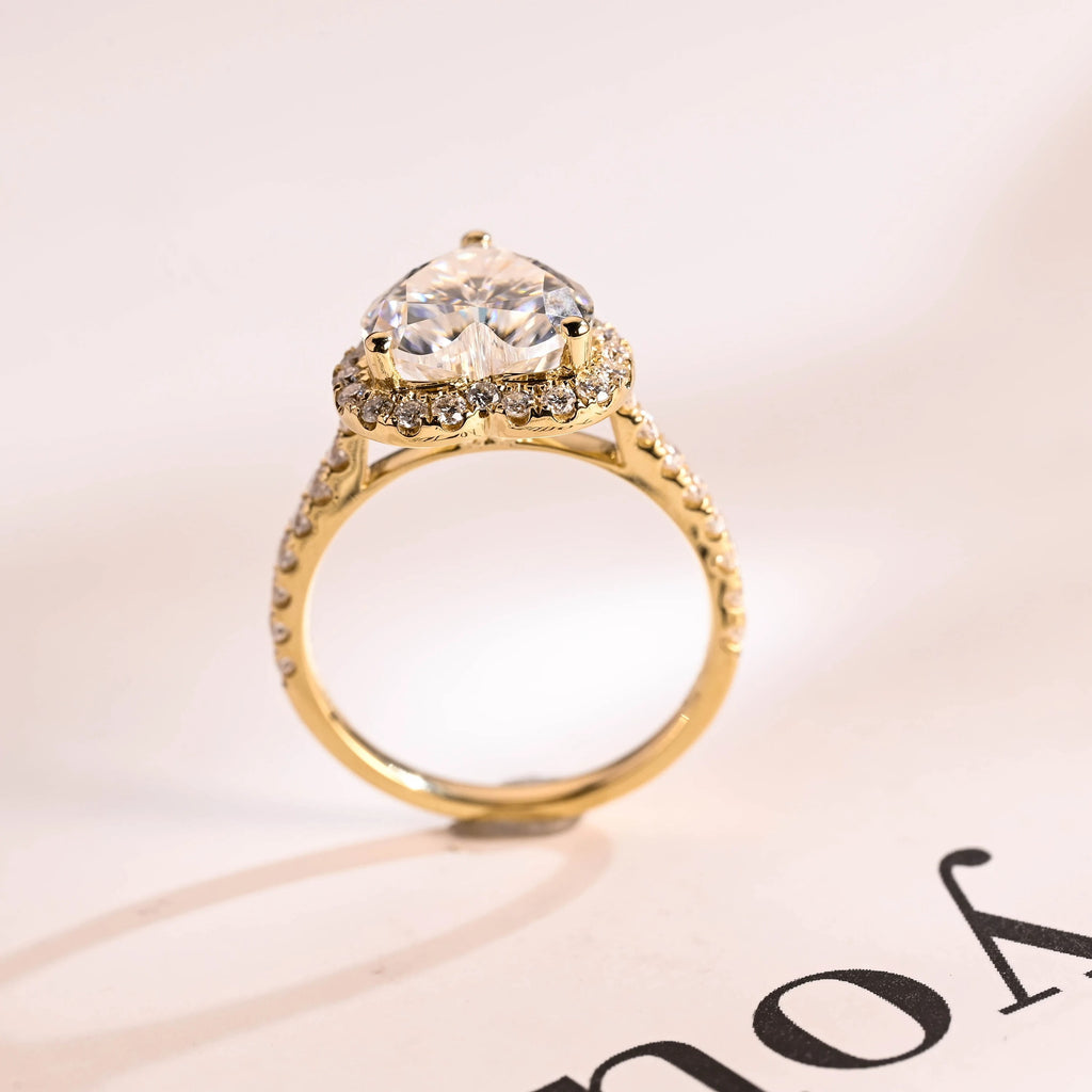 Solid Gold Halo & Half Pave Heart Cut Moissanite Engagement Ring