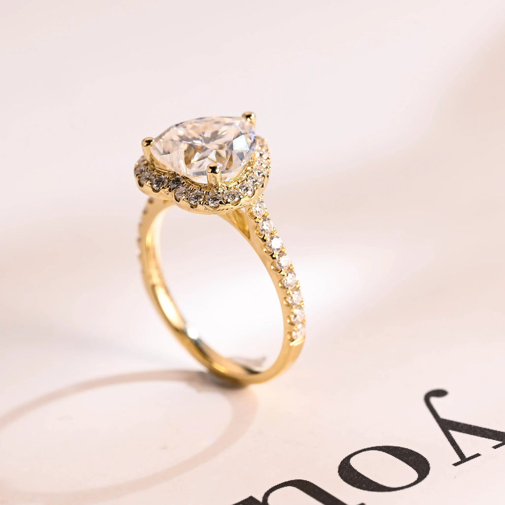 Solid Gold Halo & Half Pave Heart Cut Moissanite Engagement Ring