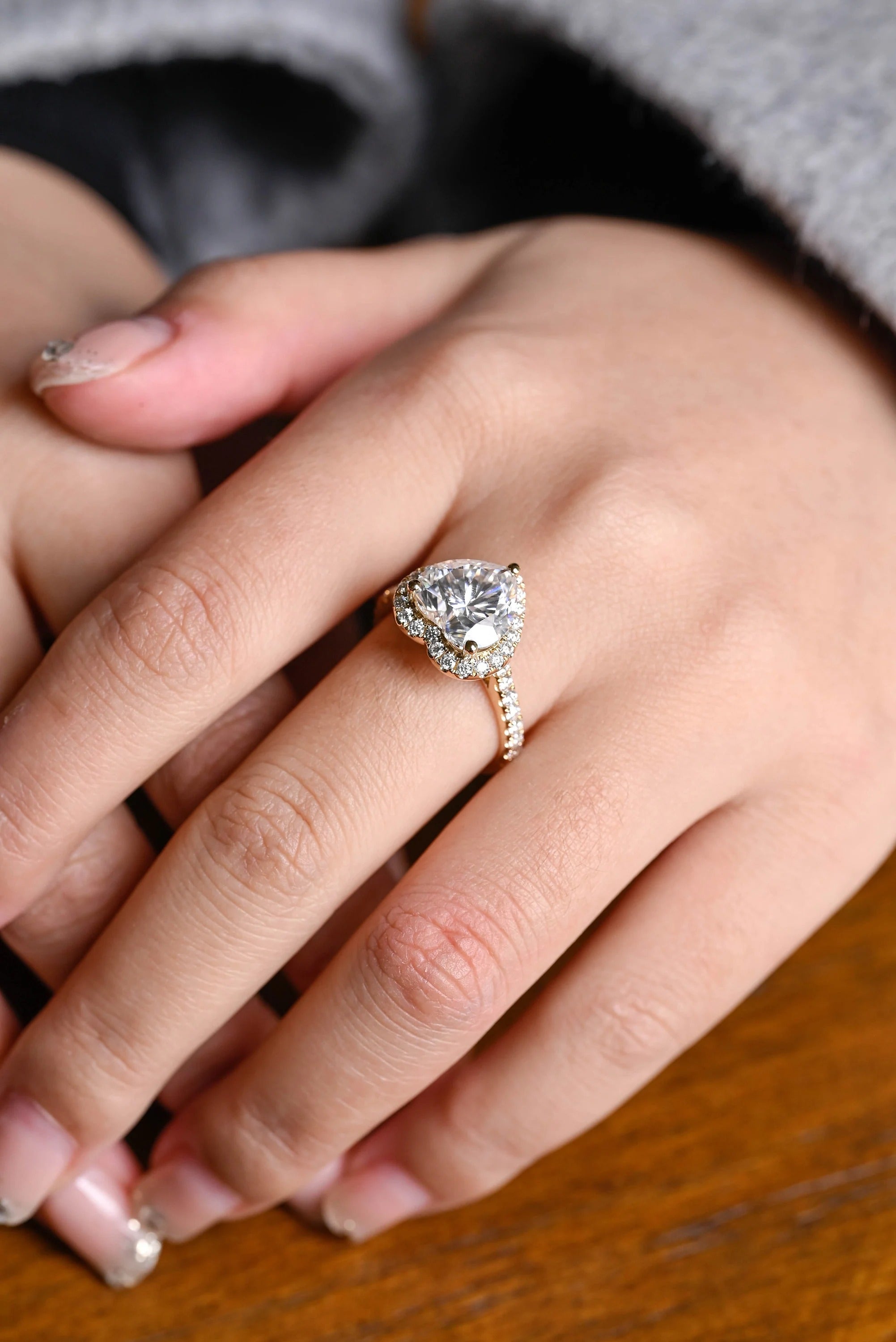 Solid Gold Halo & Half Pave Heart Cut Moissanite Engagement Ring
