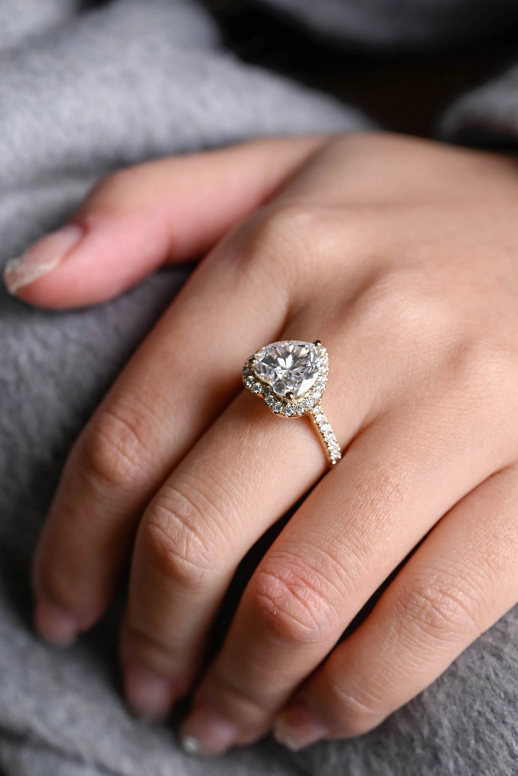 Solid Gold Halo & Half Pave Heart Cut Moissanite Engagement Ring