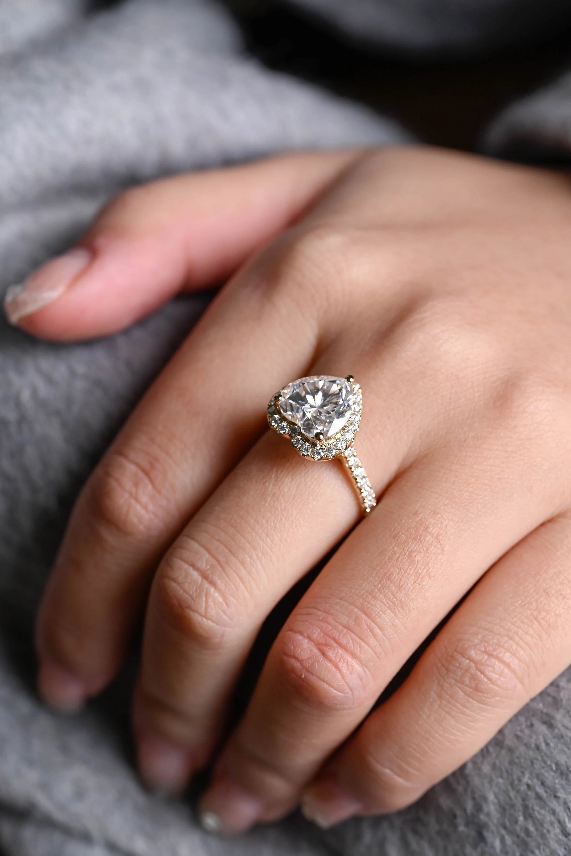 Solid Gold Halo & Half Pave Heart Cut Moissanite Engagement Ring