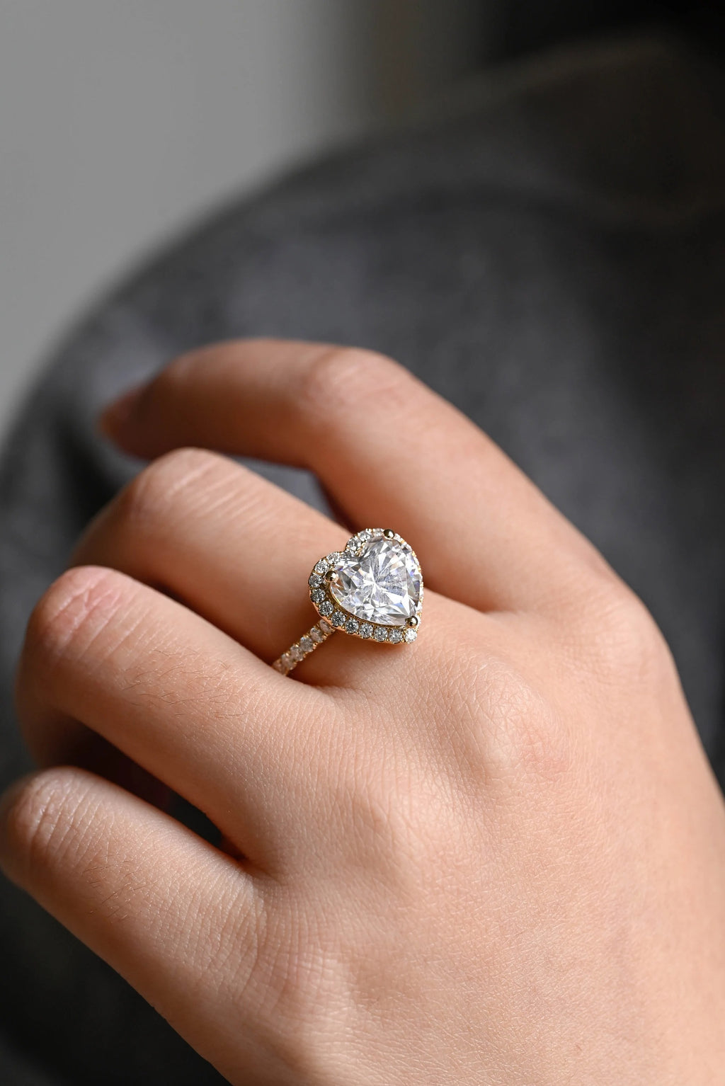 Solid Gold Halo & Half Pave Heart Cut Moissanite Engagement Ring