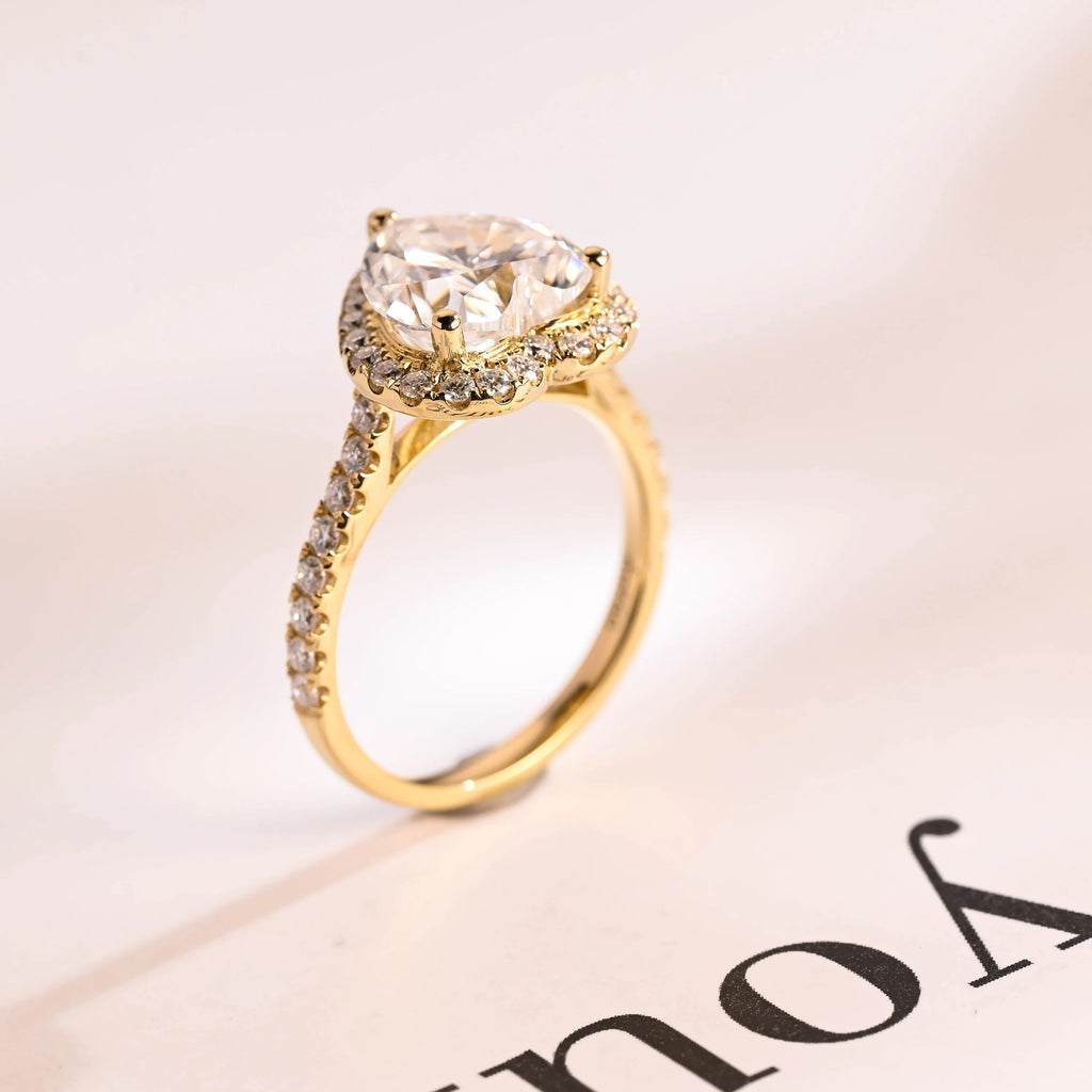 Solid Gold Halo & Half Pave Heart Cut Moissanite Engagement Ring