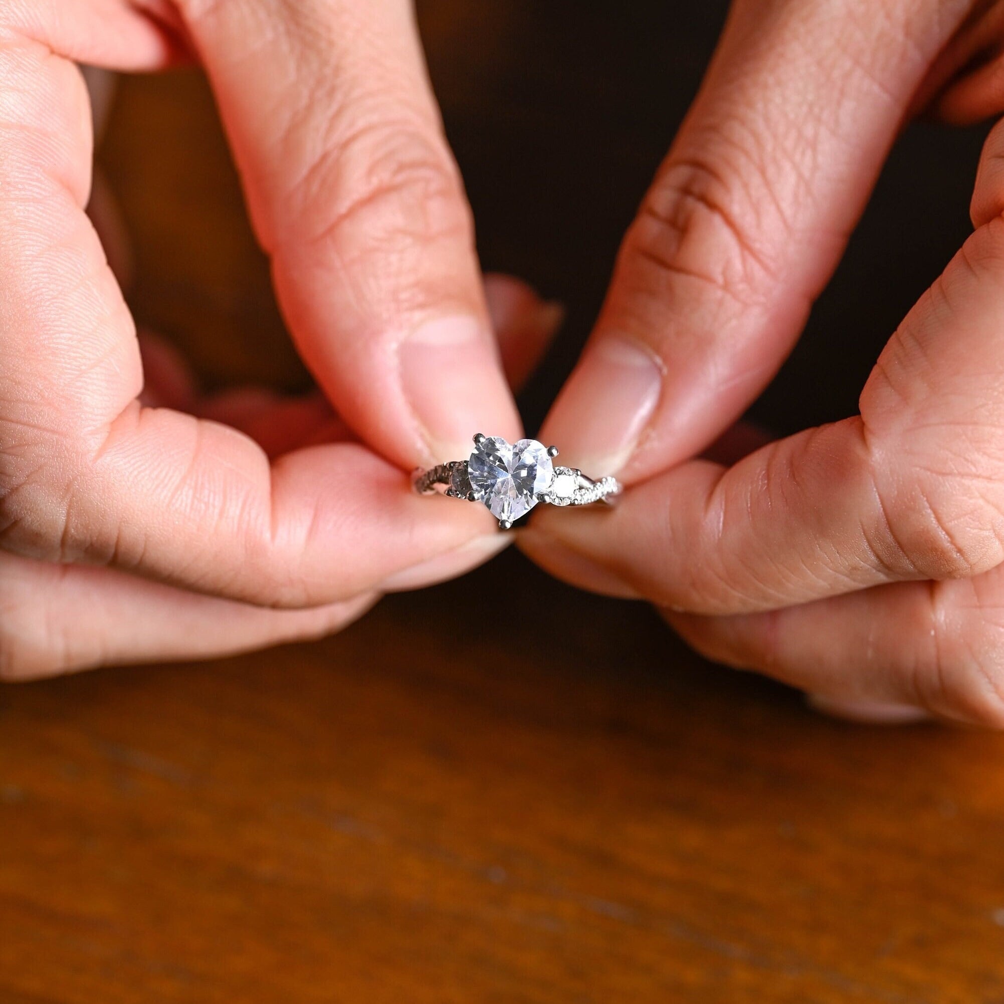 Solid Gold Twisted Double Band Heart Moissanite Engagement Ring