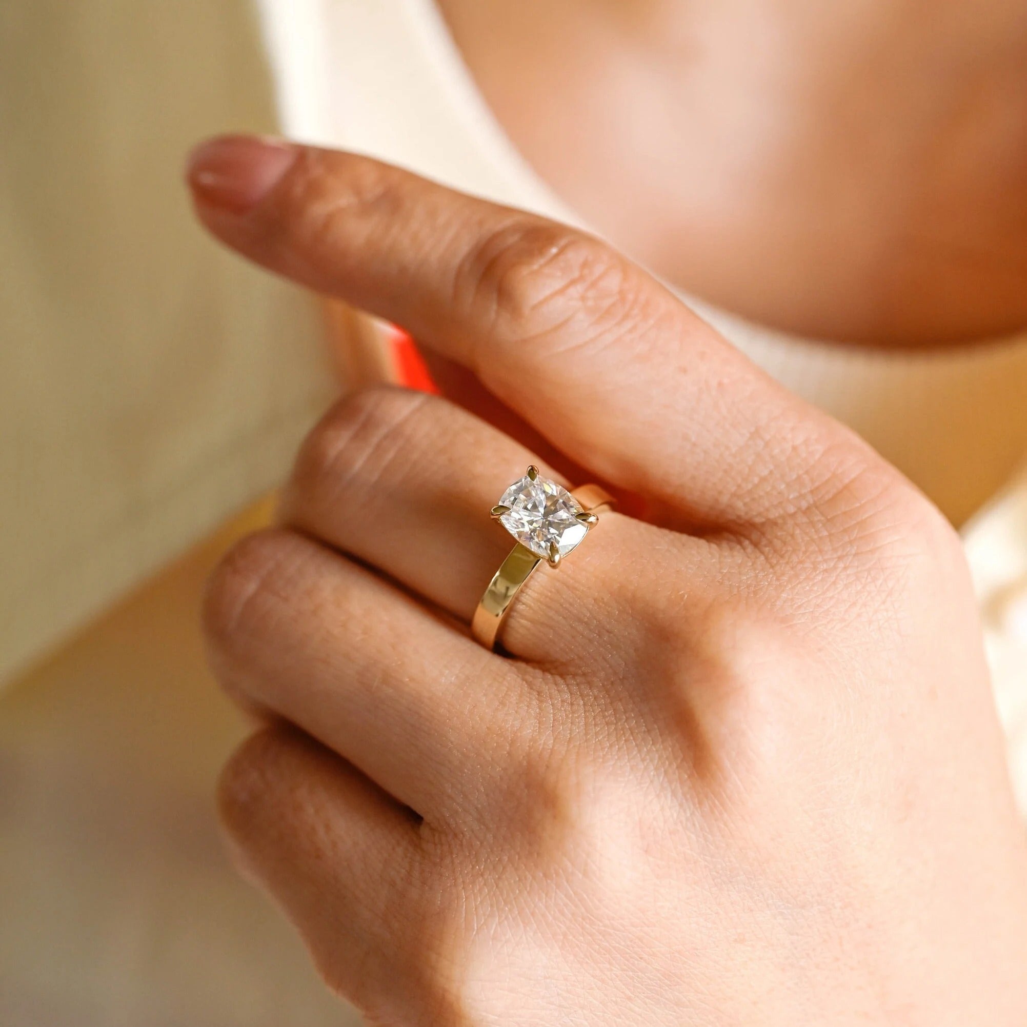 Solid Gold 3mm Band Elongated Cushion Cut Moissanite Engagement Ring, Anniversary Gift for Her