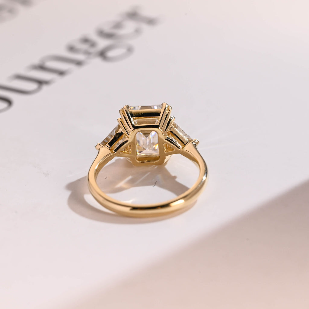 Solid Gold Emerald Cut Moissanite Engagement Ring With Trillion Side, Wedding Ring