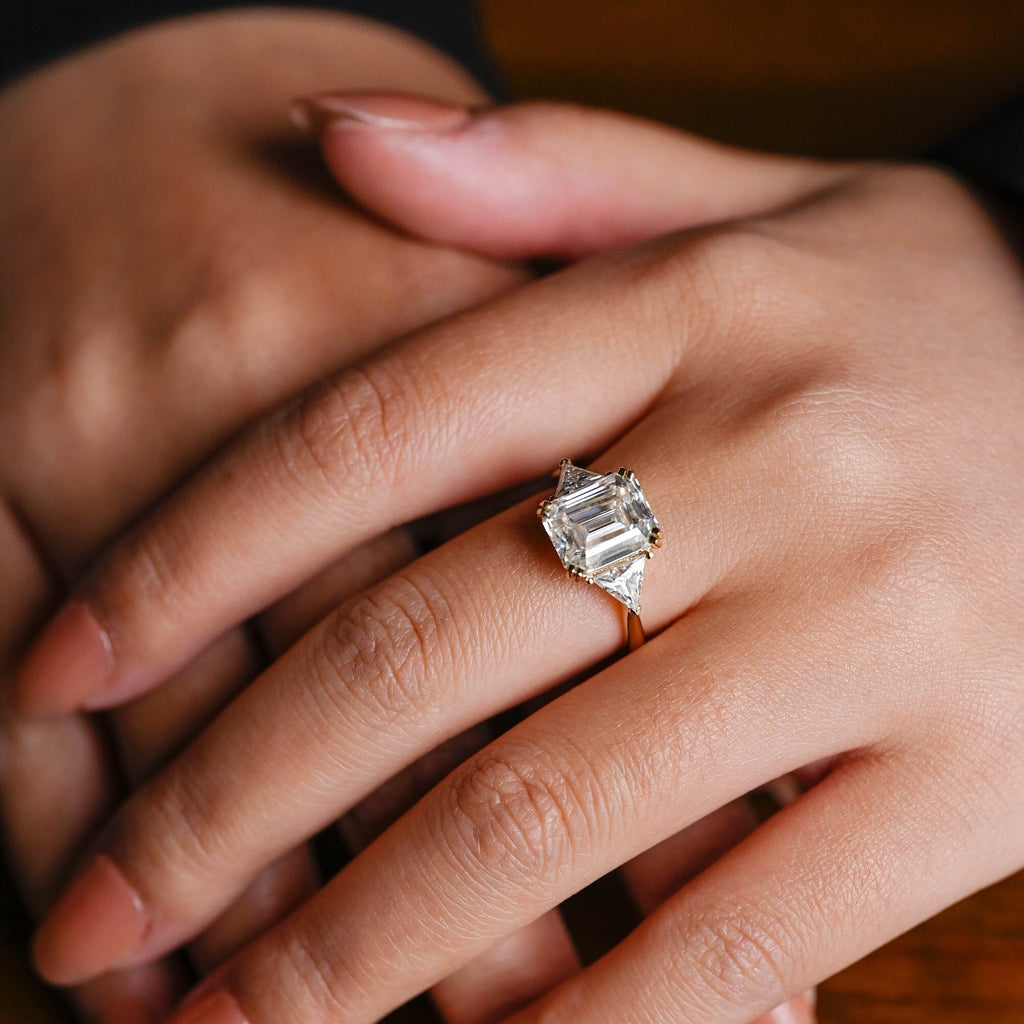 Solid Gold Emerald Cut Moissanite Engagement Ring With Trillion Side, Wedding Ring