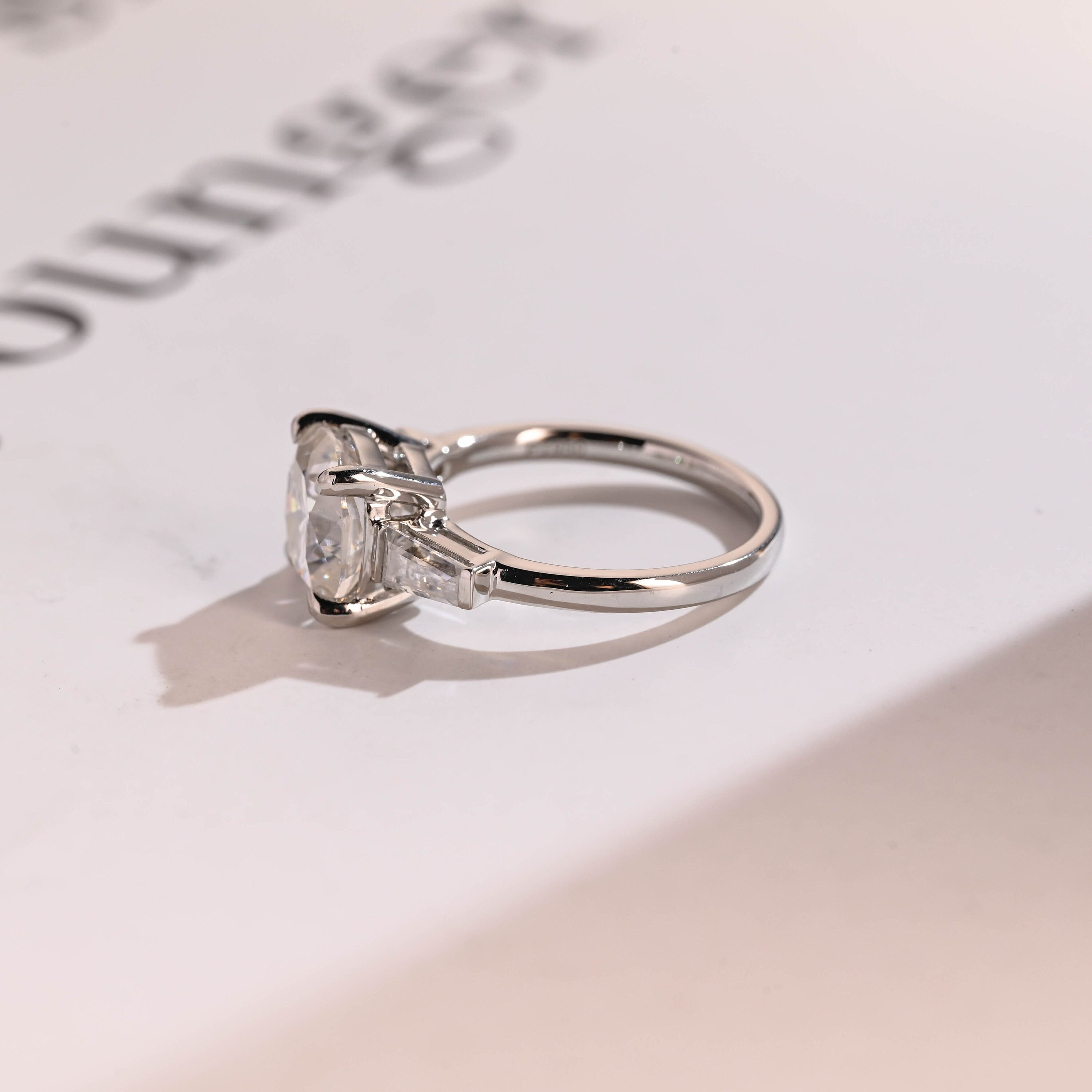 Solid Gold Cushion Cut Moissanite Engagement Ring, Three Stones Ring