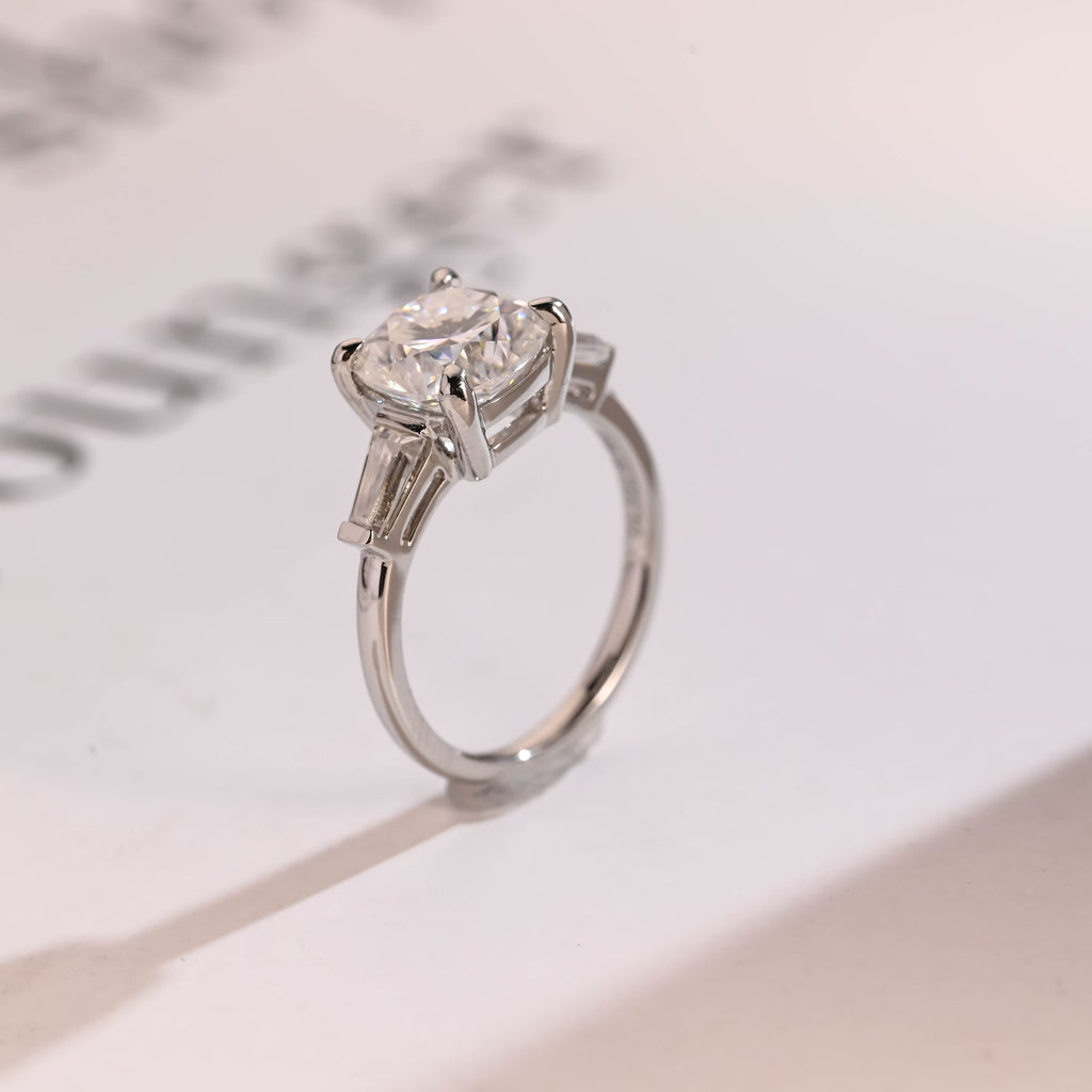 Solid Gold Cushion Cut Moissanite Engagement Ring, Three Stones Ring