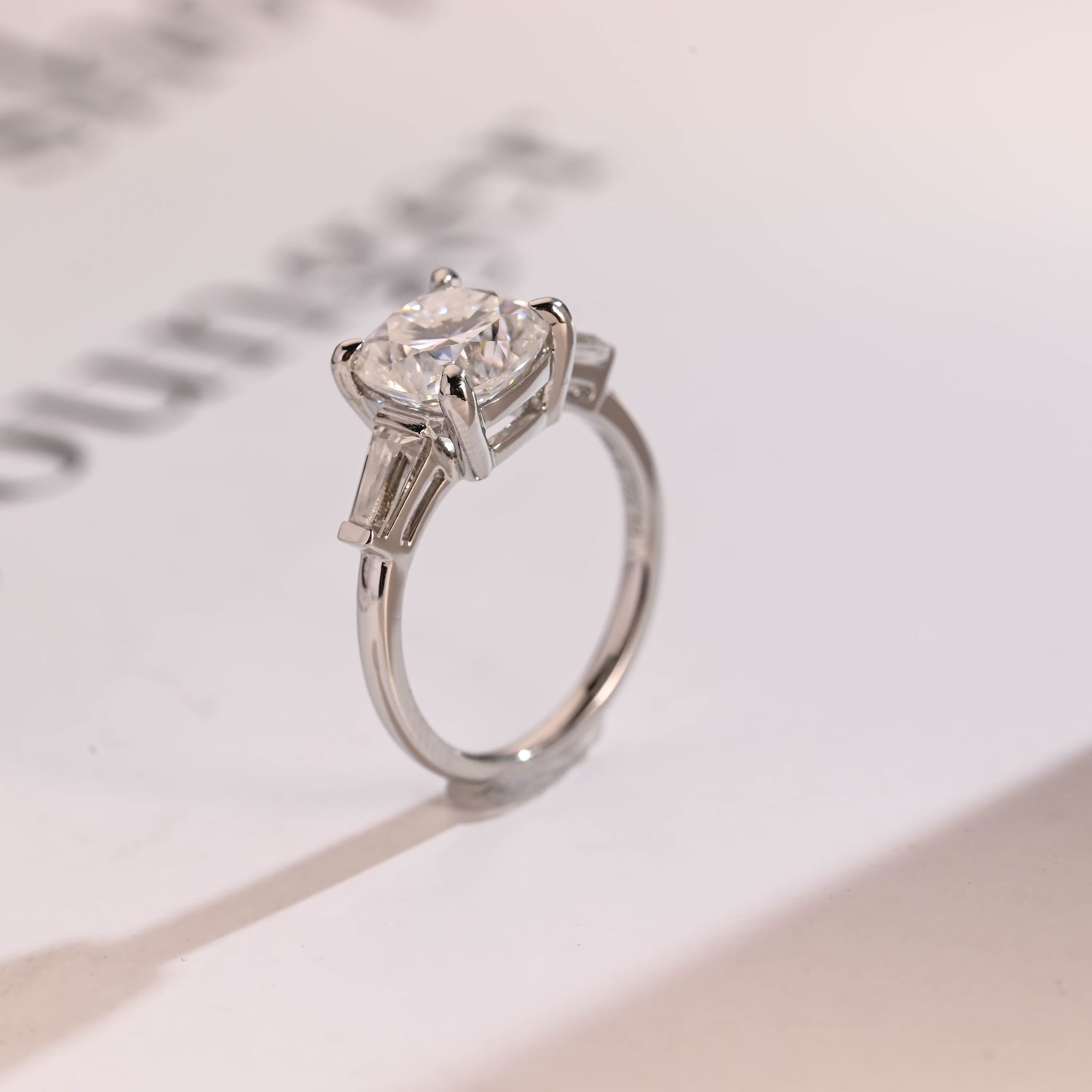 Solid Gold Cushion Cut Moissanite Engagement Ring, Three Stones Ring