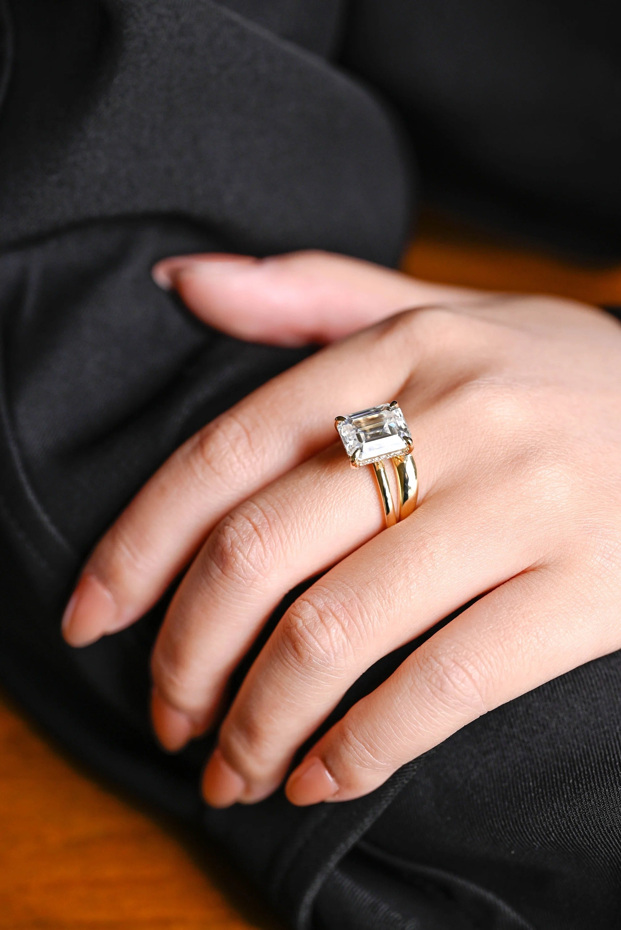 Solid Gold Elongated-Emerald Cut Moissanite Engagement Ring Set