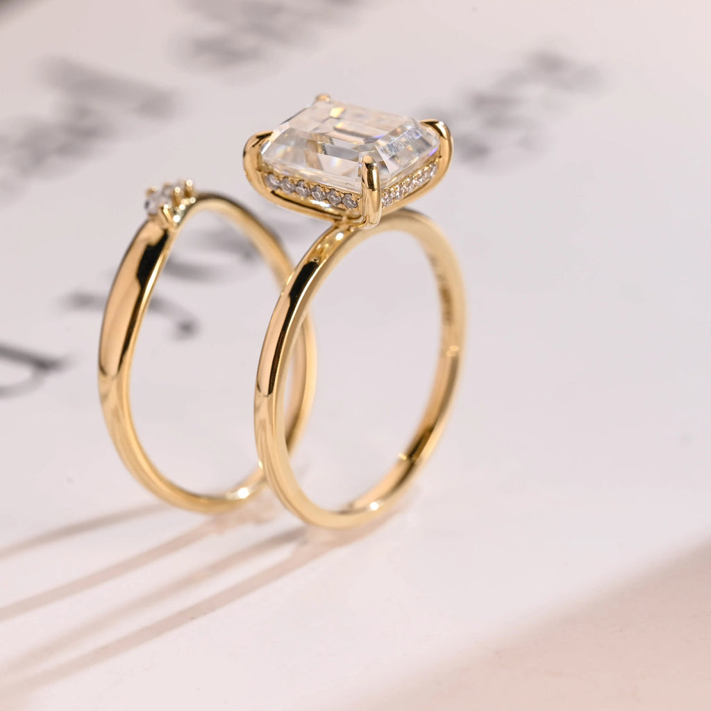 Solid Gold Elongated-Emerald Cut Moissanite Engagement Ring Set