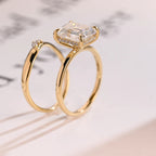 Solid Gold Elongated-Emerald Cut Moissanite Engagement Ring Set