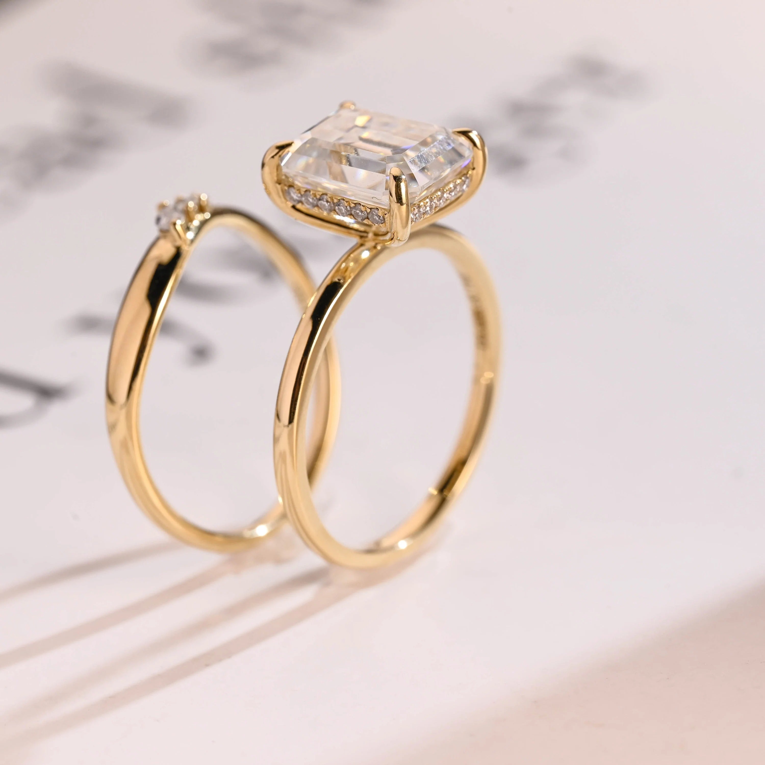 Solid Gold Elongated-Emerald Cut Moissanite Engagement Ring Set
