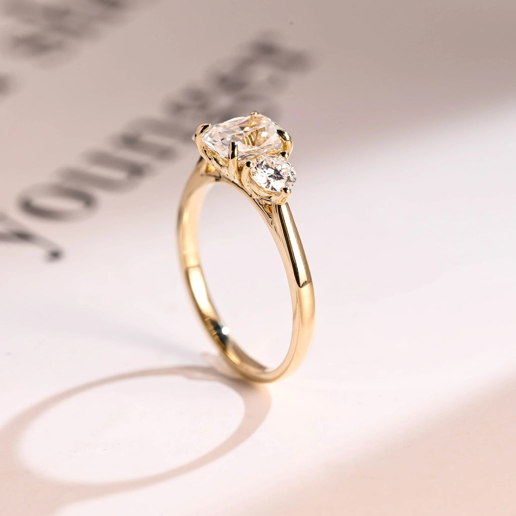 Solid Gold Elongated Cushion Moissanite Engagement Ring with Side Stone, Anniversary Gift