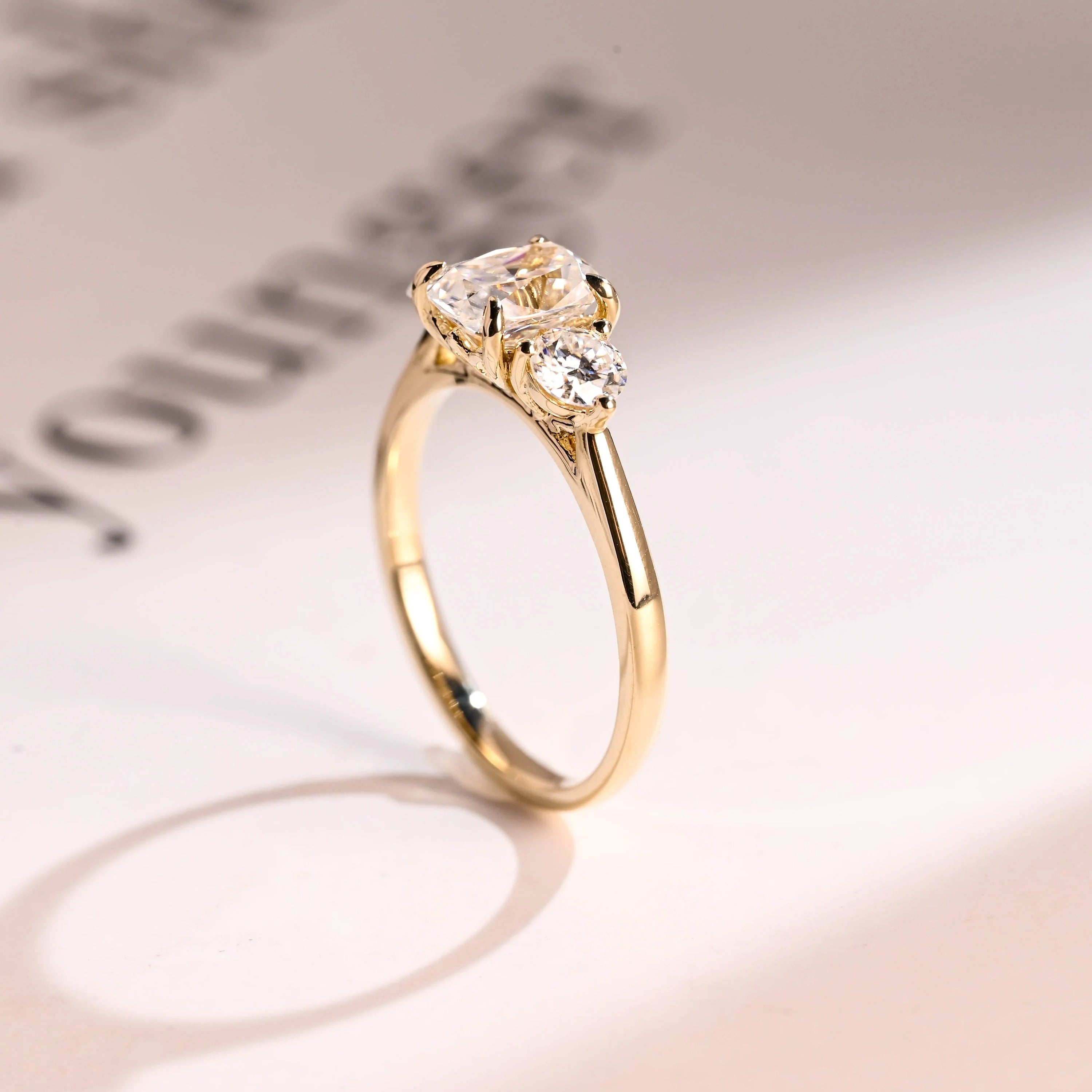 Solid Gold Elongated Cushion Moissanite Engagement Ring with Side Stone, Anniversary Gift