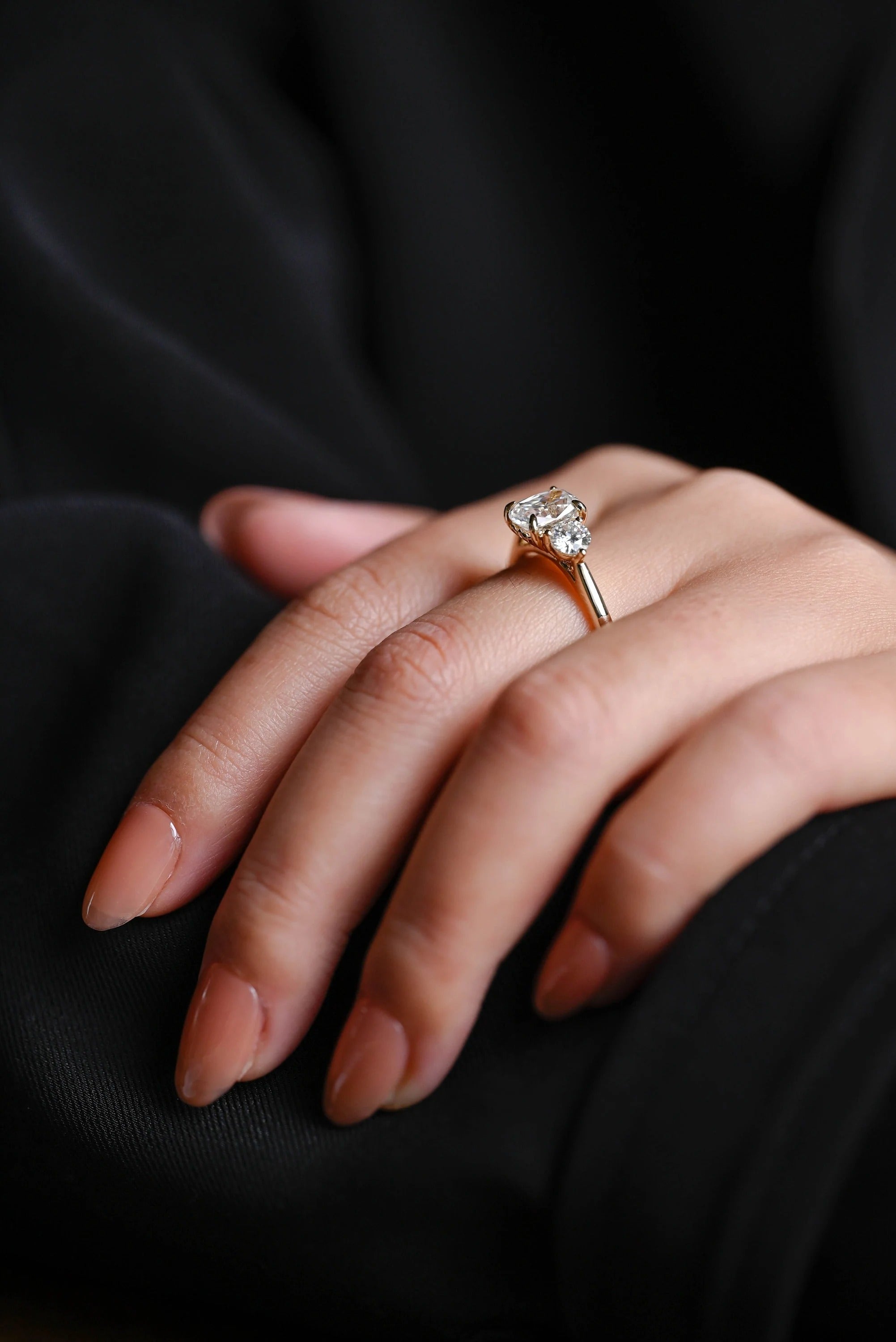 Solid Gold Elongated Cushion Moissanite Engagement Ring with Side Stone, Anniversary Gift