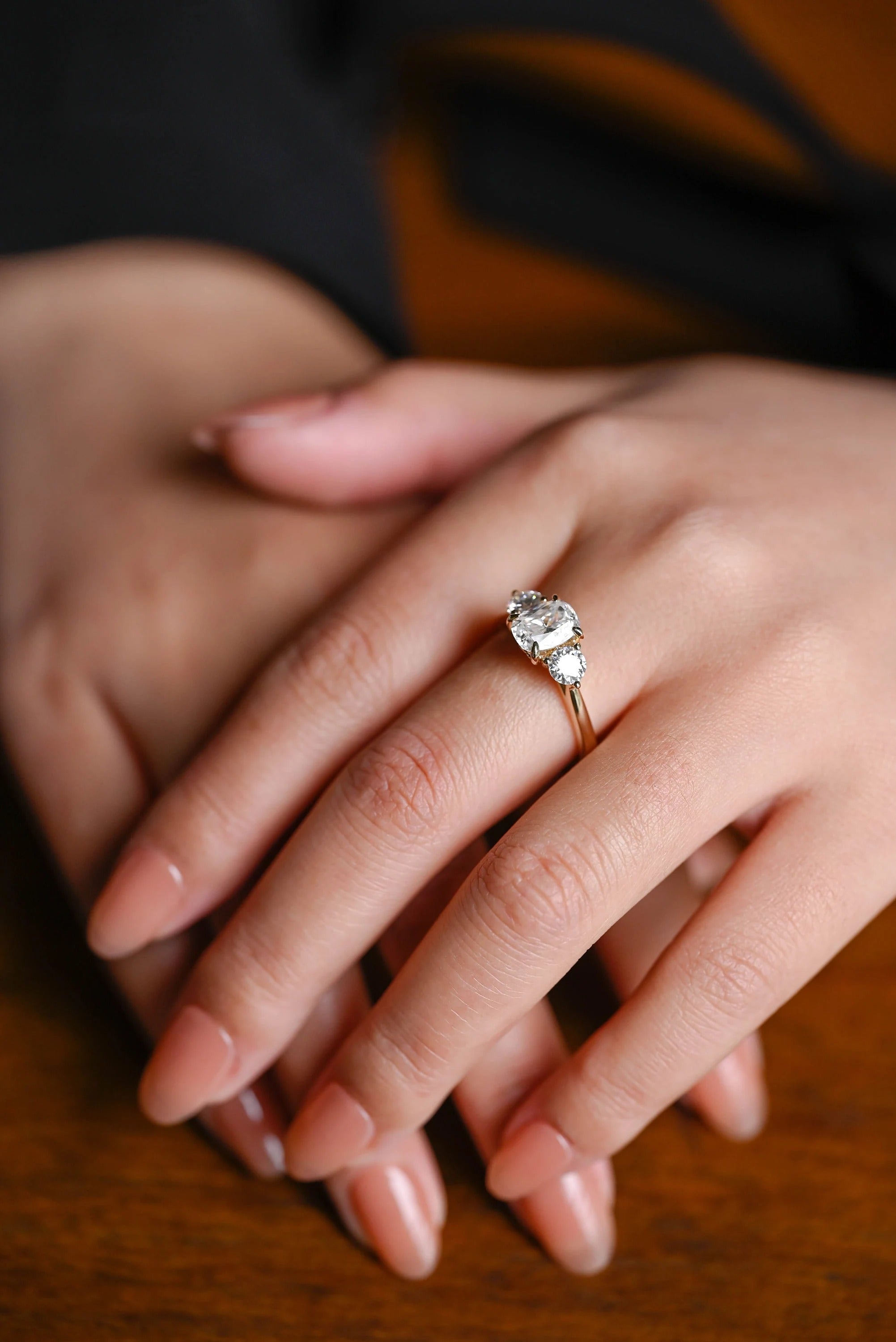 Solid Gold Elongated Cushion Moissanite Engagement Ring with Side Stone, Anniversary Gift