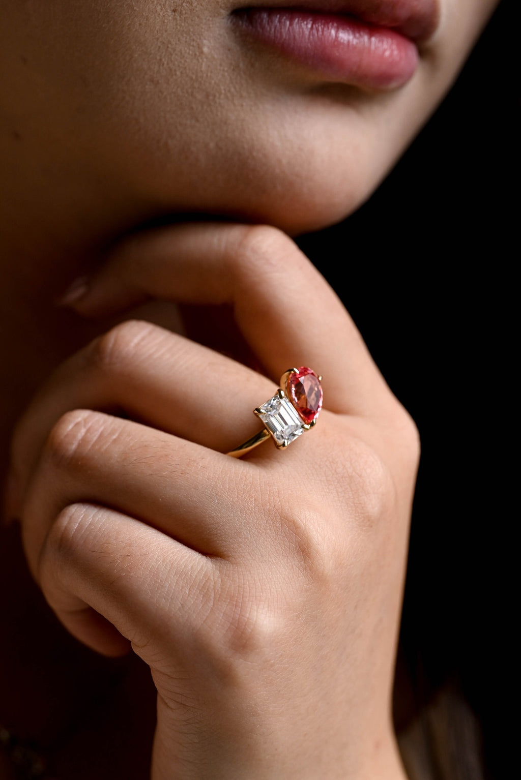 Toi et Moi Pear Cut Pink Sapphire & Emerald Cut Moissanite Engagement Ring Set