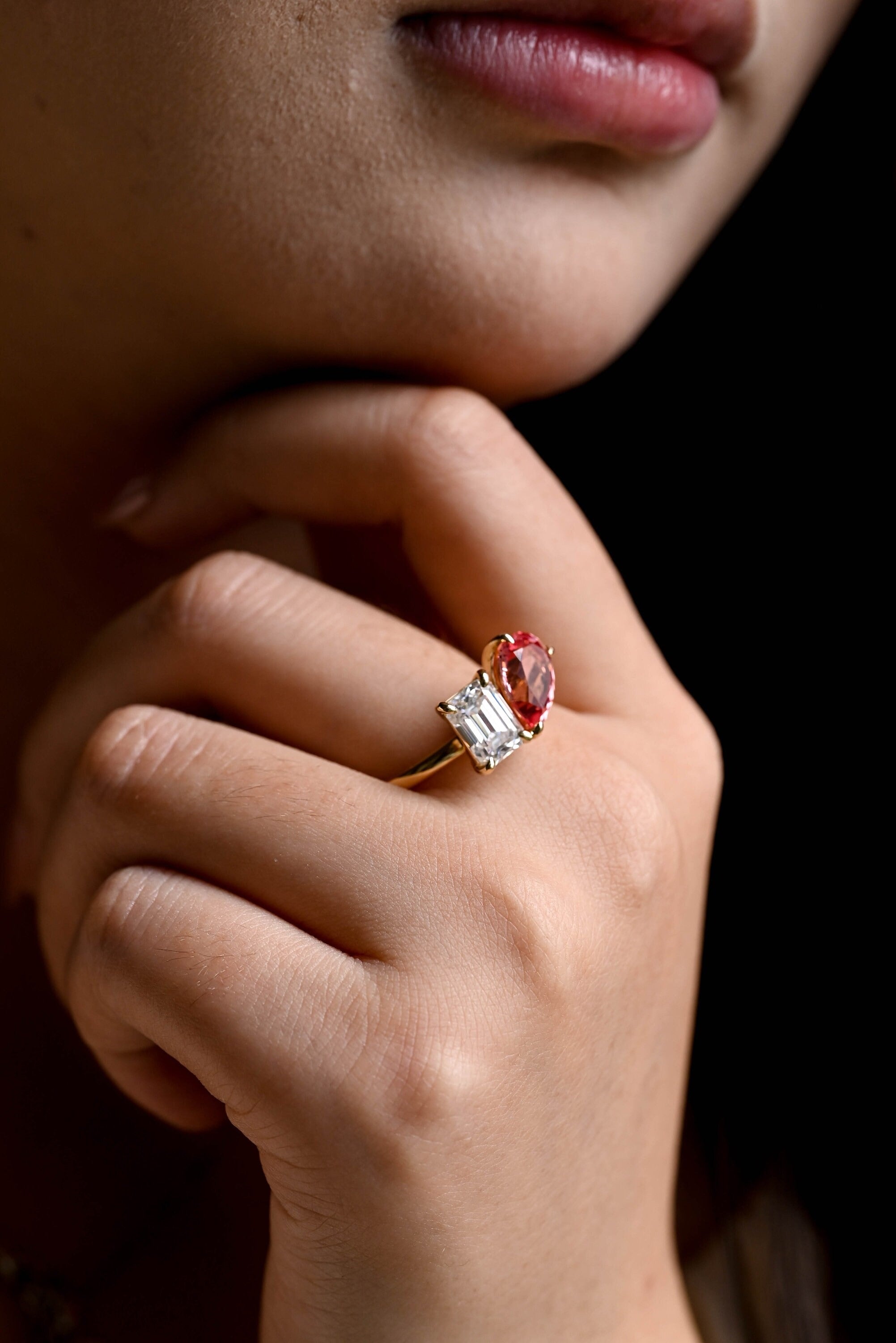 Toi et Moi Pear Cut Pink Sapphire & Emerald Cut Moissanite Engagement Ring Set