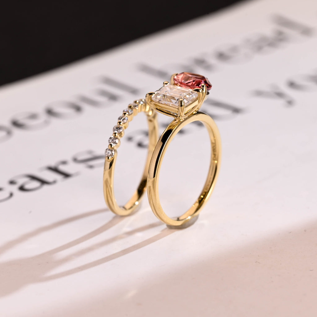 Toi et Moi Pear Cut Pink Sapphire & Emerald Cut Moissanite Engagement Ring Set