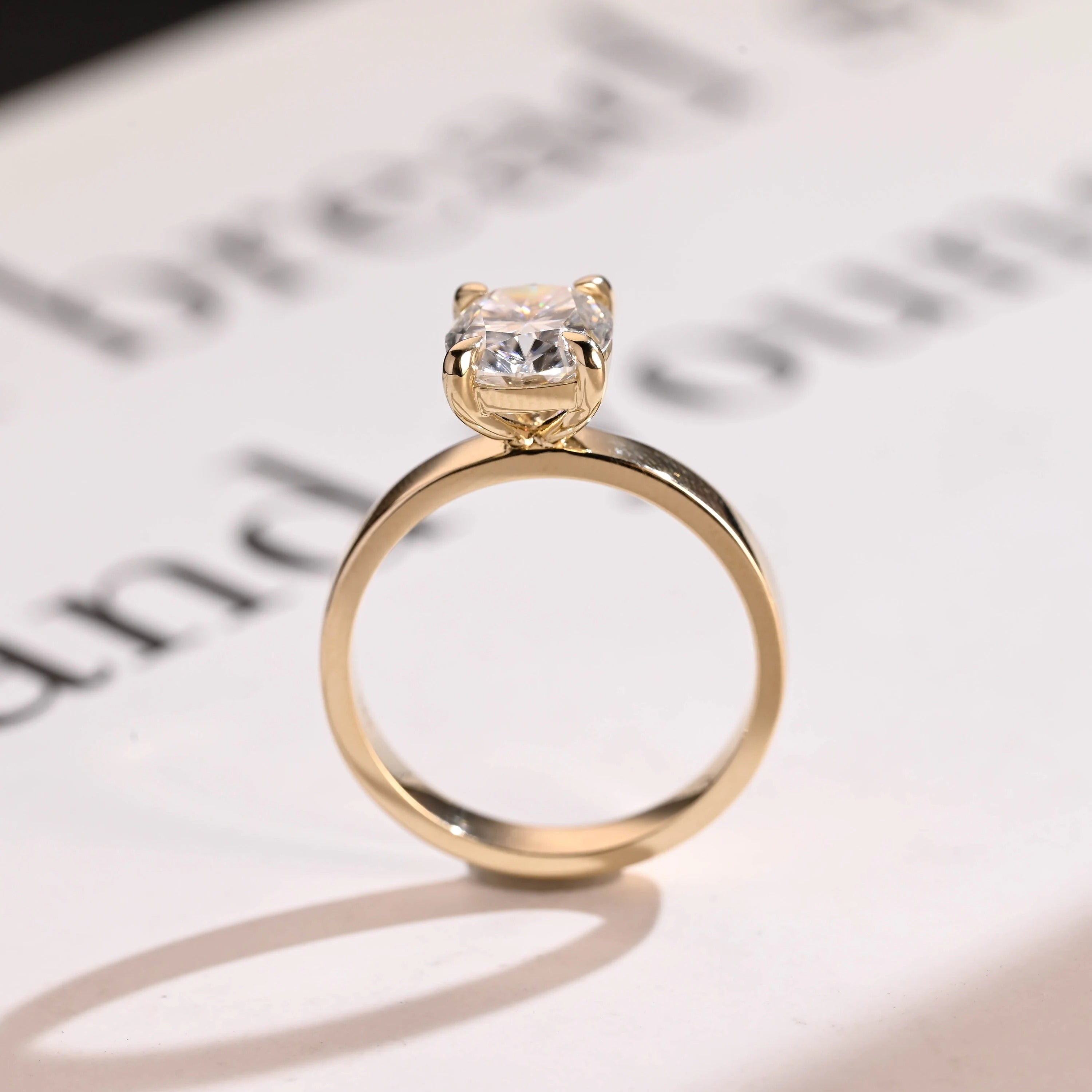 Solid Gold 3mm Band Elongated Cushion Cut Moissanite Engagement Ring, Anniversary Gift for Her