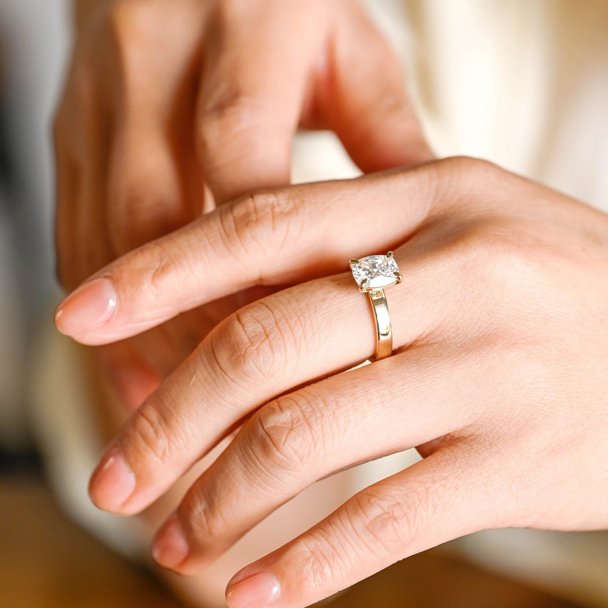 Solid Gold 3mm Band Elongated Cushion Cut Moissanite Engagement Ring, Anniversary Gift for Her