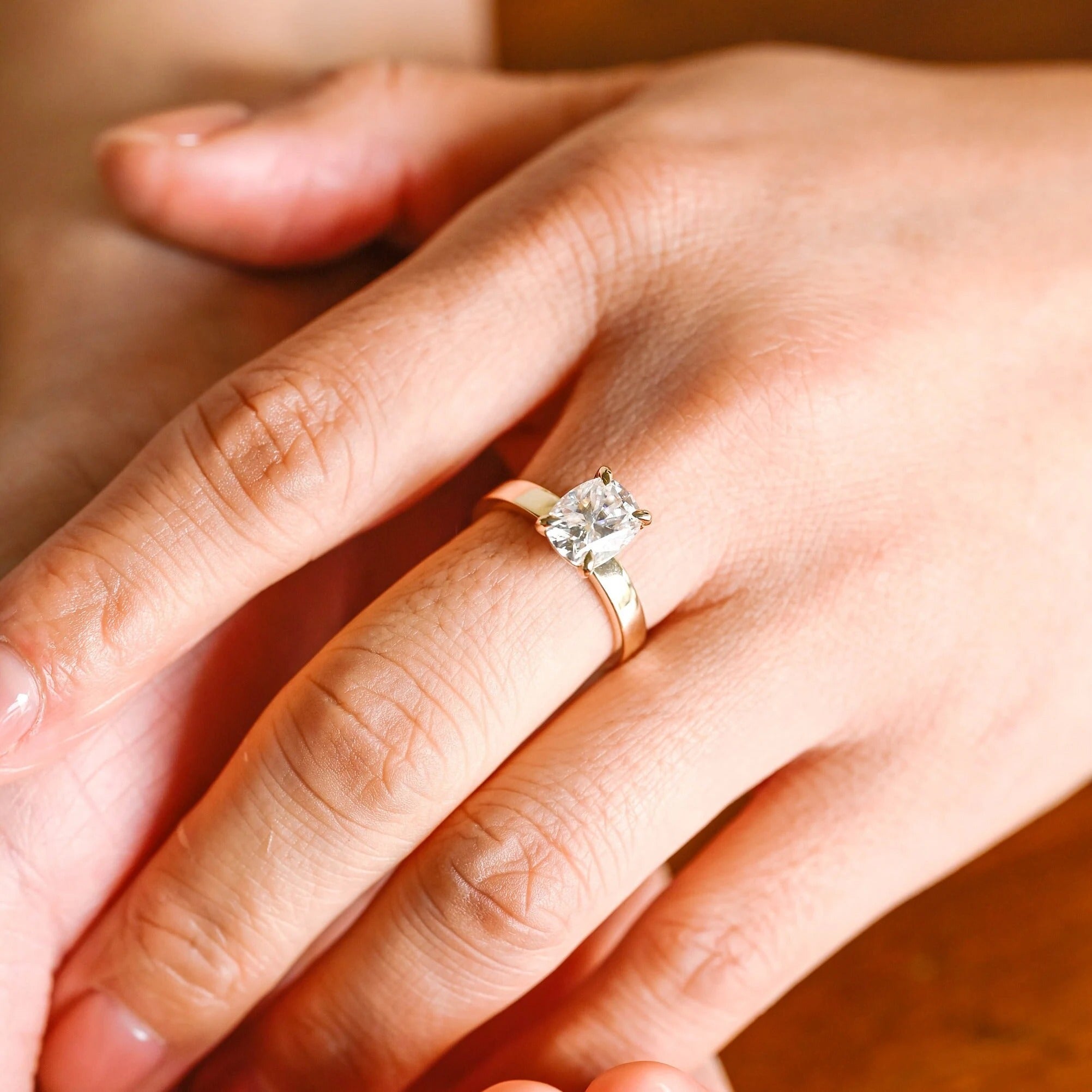 Solid Gold 3mm Band Elongated Cushion Cut Moissanite Engagement Ring, Anniversary Gift for Her