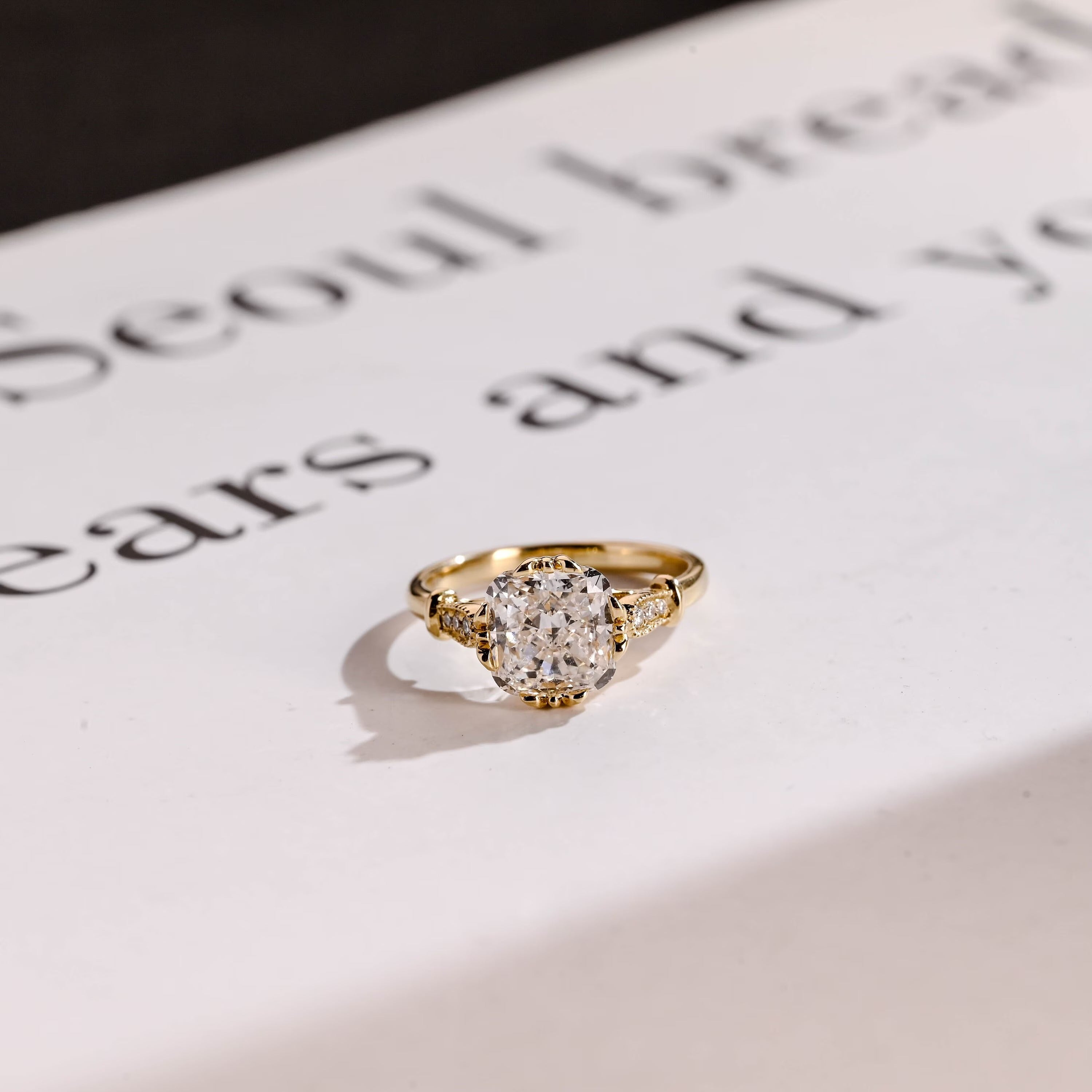 Solid Gold Cushion Moissanite Engagement Ring, Vintage Filigree Ring Main image