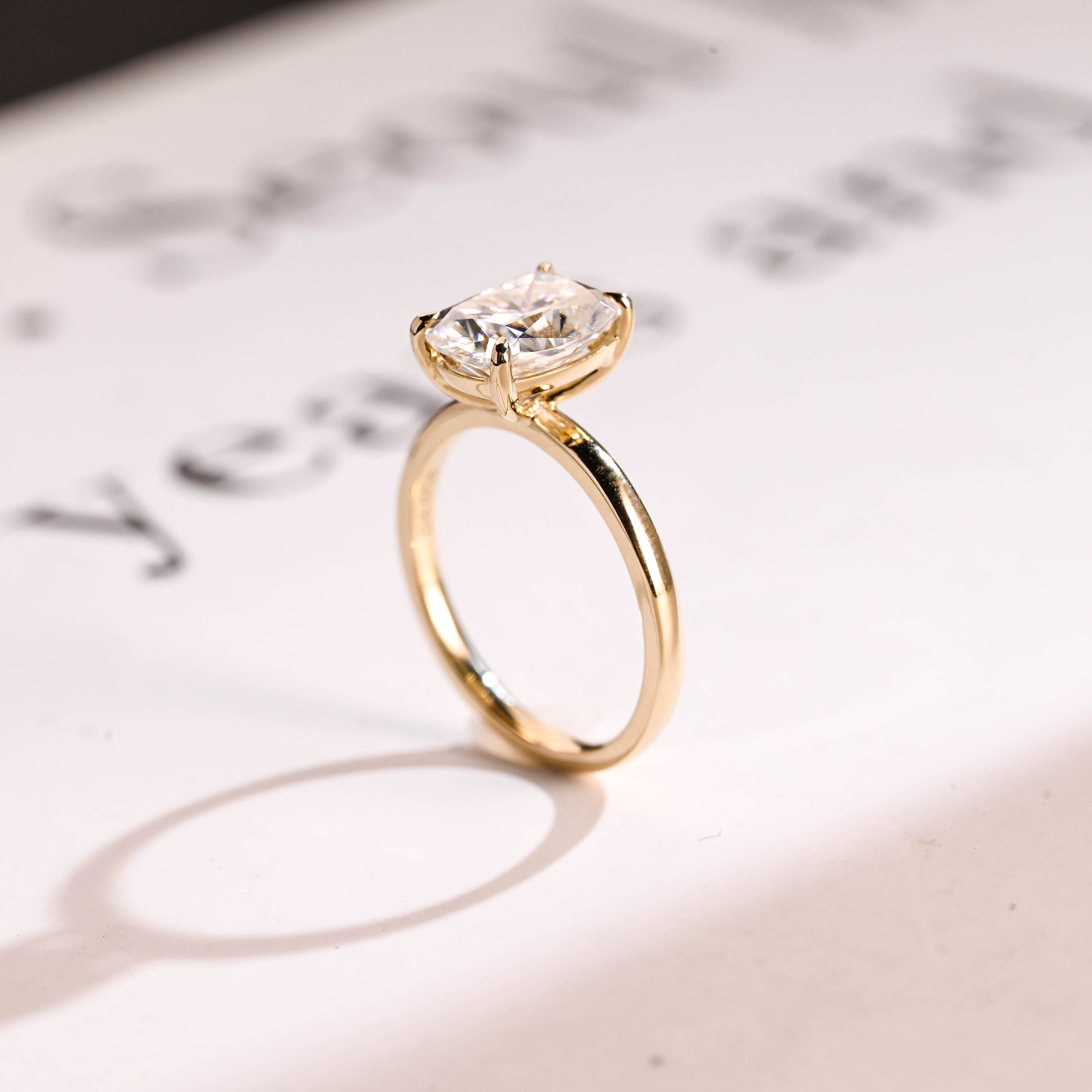 Solid Gold Elongated Cushion Cut Moissanite Engagement Ring, Dainty Ring