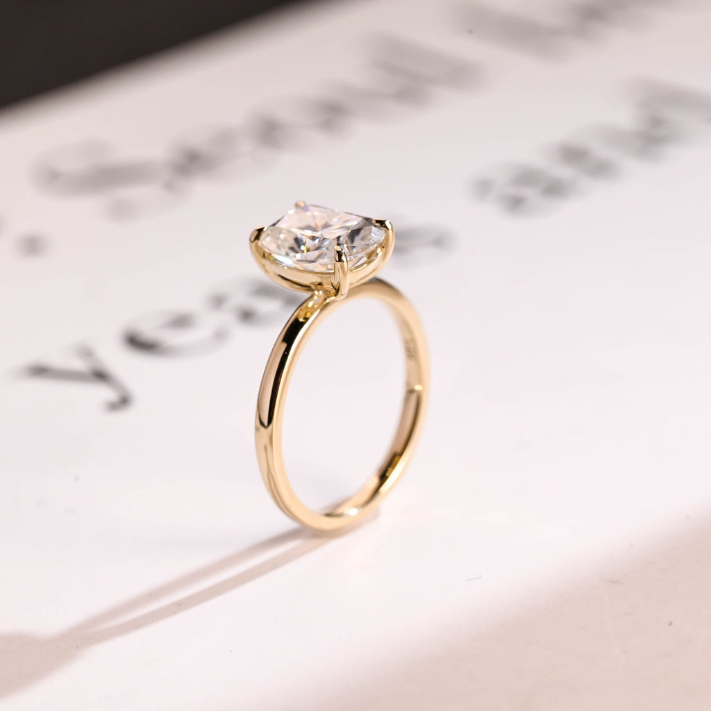 Solid Gold Elongated Cushion Cut Moissanite Engagement Ring, Dainty Ring