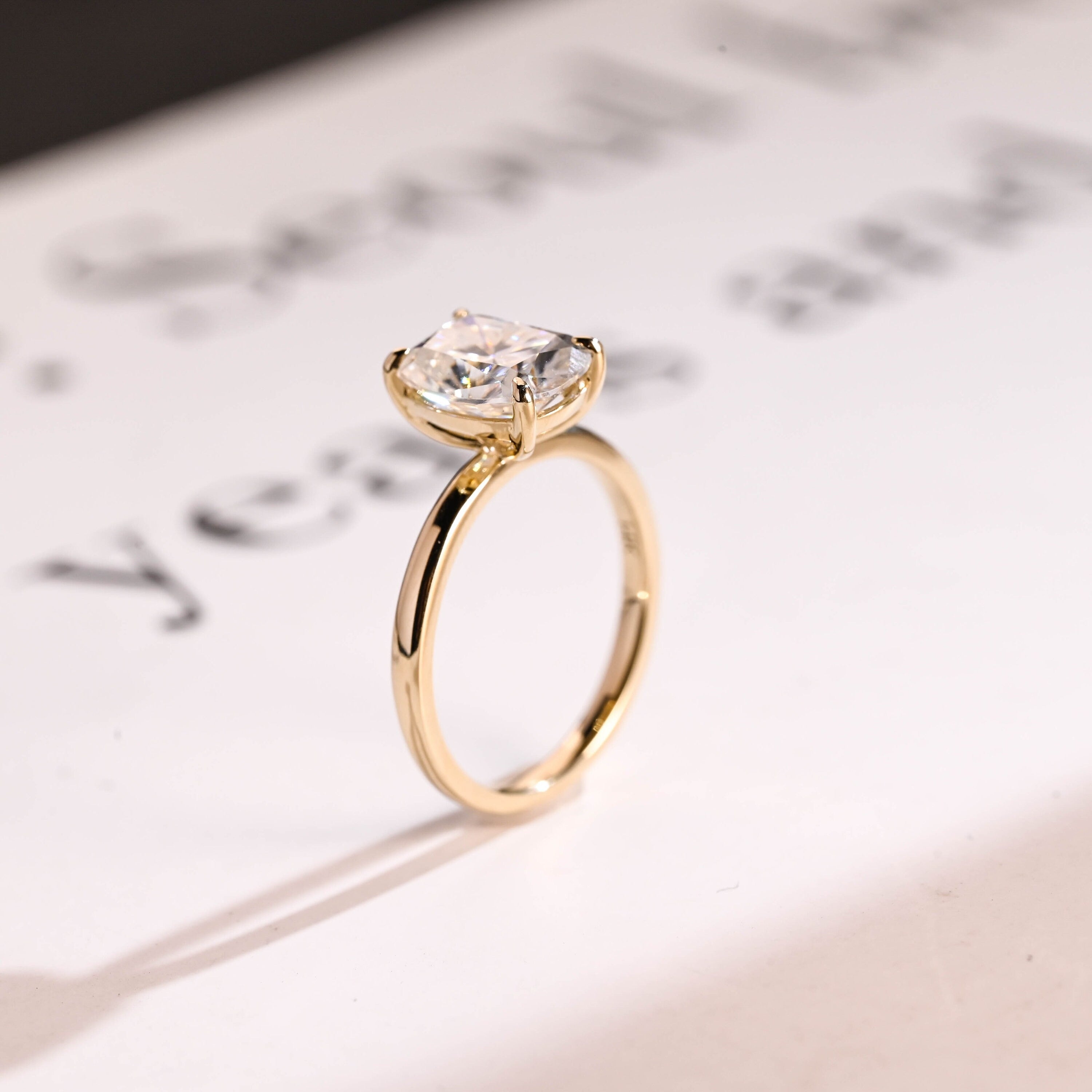 Solid Gold Elongated Cushion Cut Moissanite Engagement Ring, Dainty Ring