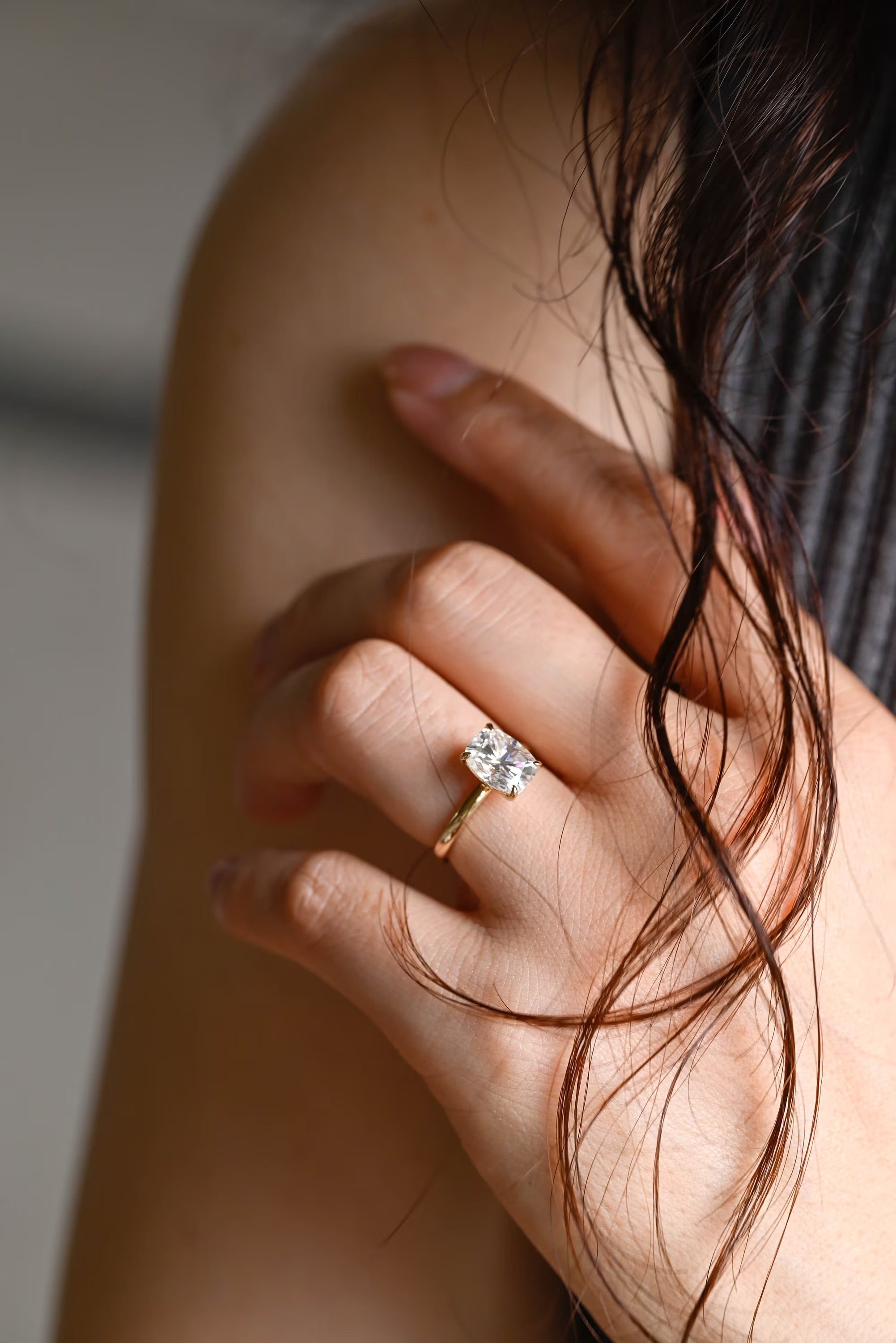 Solid Gold Elongated Cushion Cut Moissanite Engagement Ring, Dainty Ring