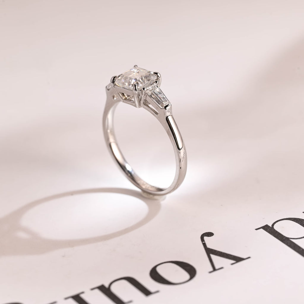 Solid Gold Assher Cut Moissanite Engagement Ring, Three Stones Ring,