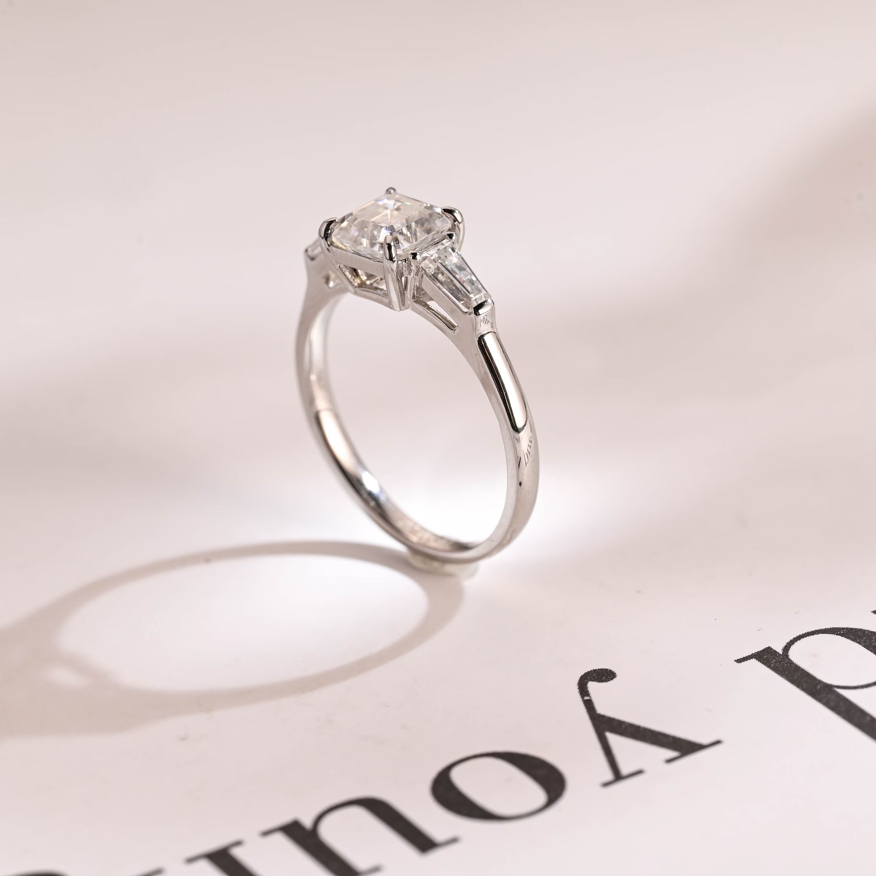 Solid Gold Assher Cut Moissanite Engagement Ring, Three Stones Ring,