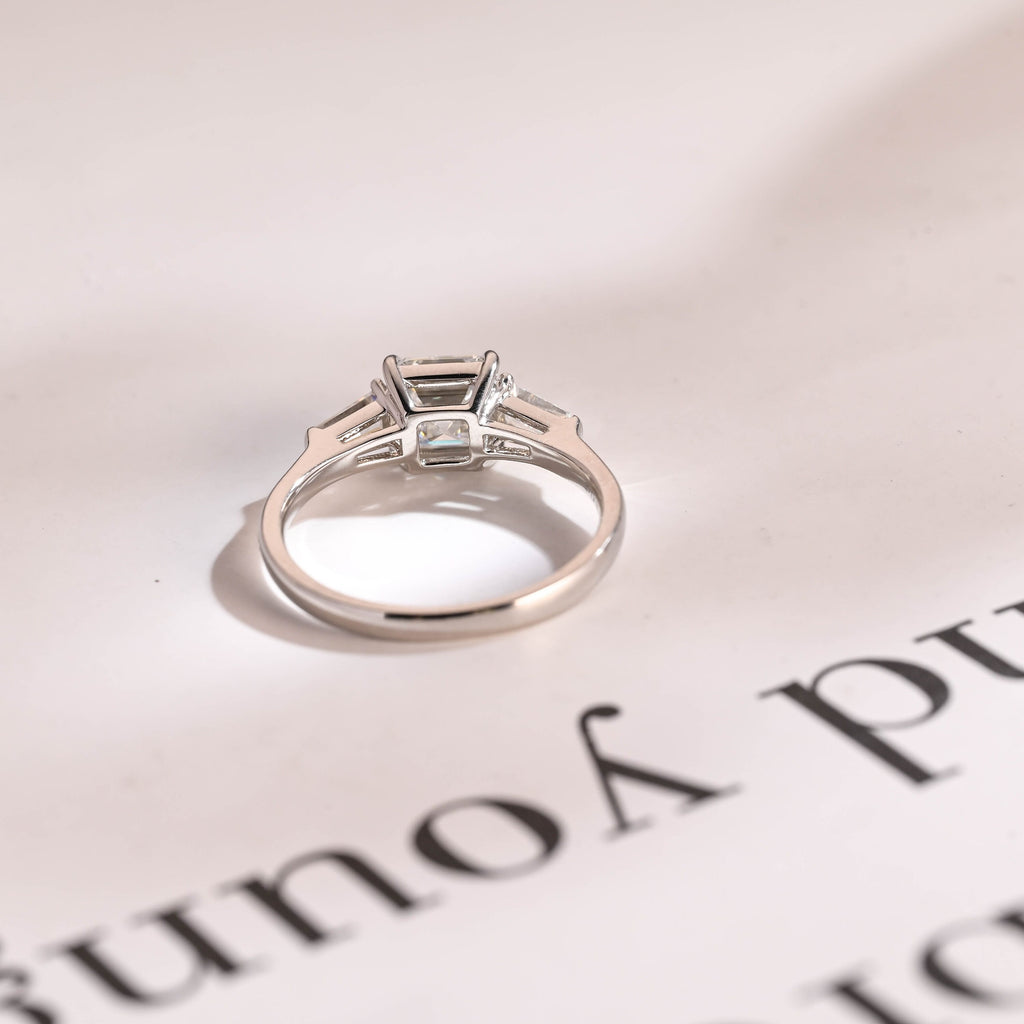 Solid Gold Assher Cut Moissanite Engagement Ring, Three Stones Ring,