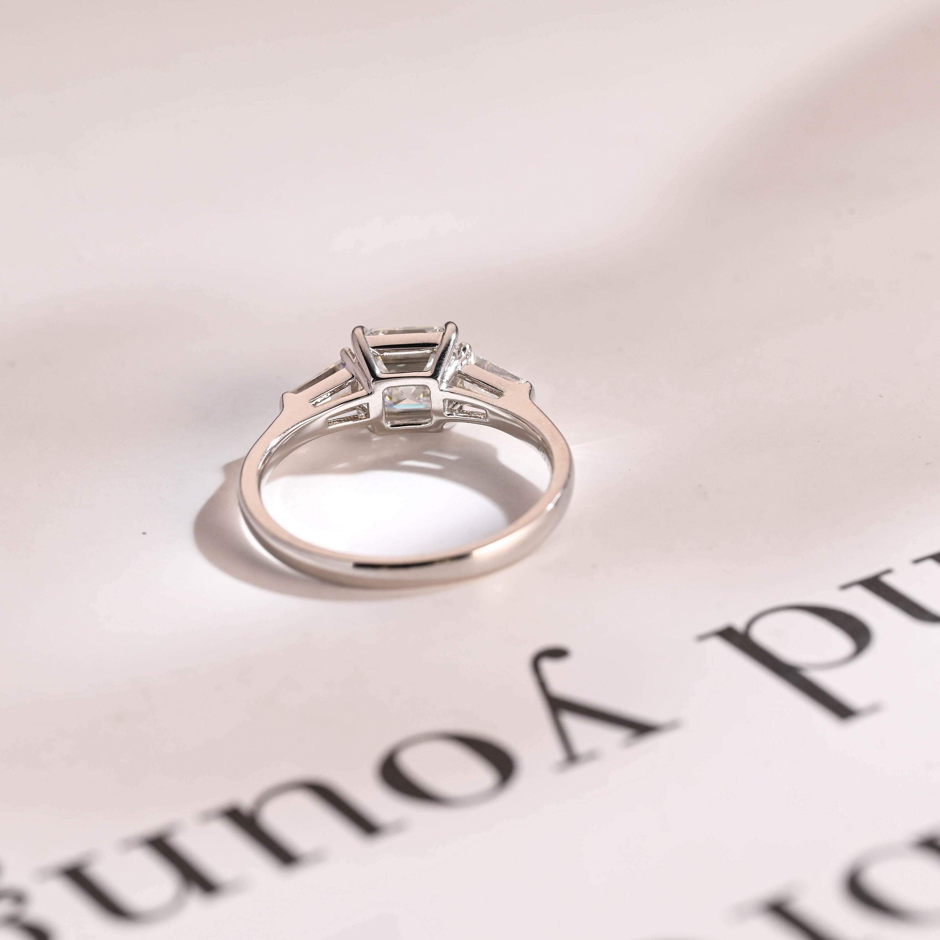Solid Gold Assher Cut Moissanite Engagement Ring, Three Stones Ring,