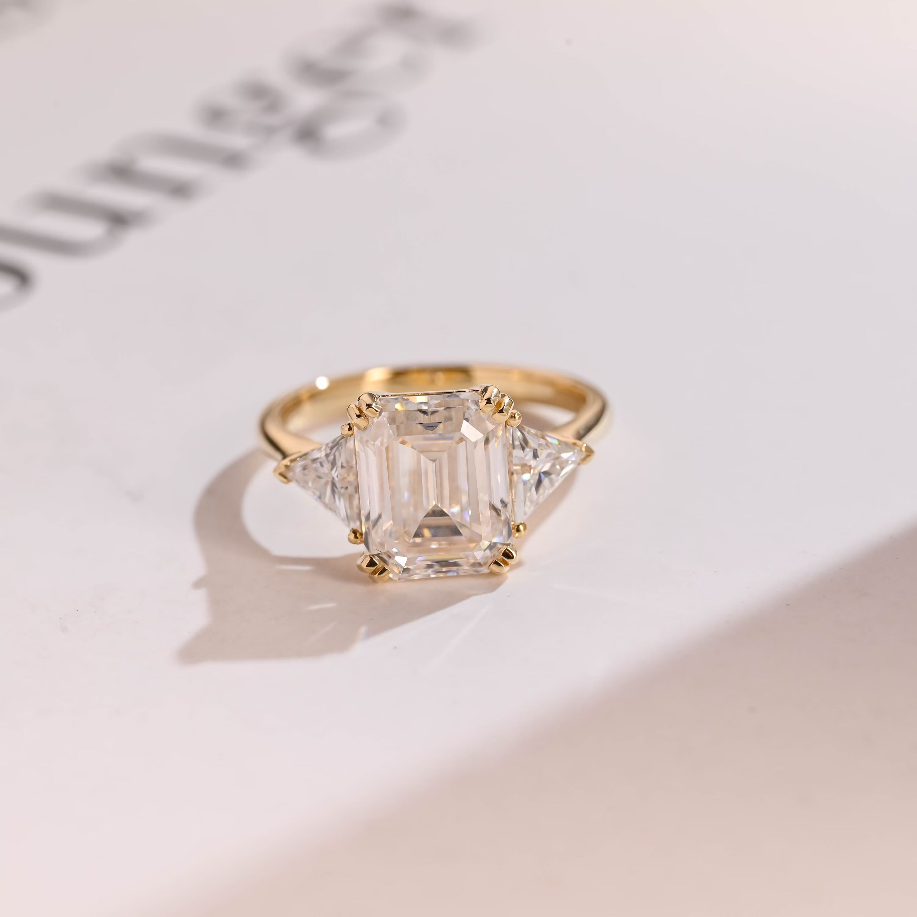 Solid Gold Emerald Cut Moissanite Engagement Ring With Trillion Side, Wedding Ring Main image